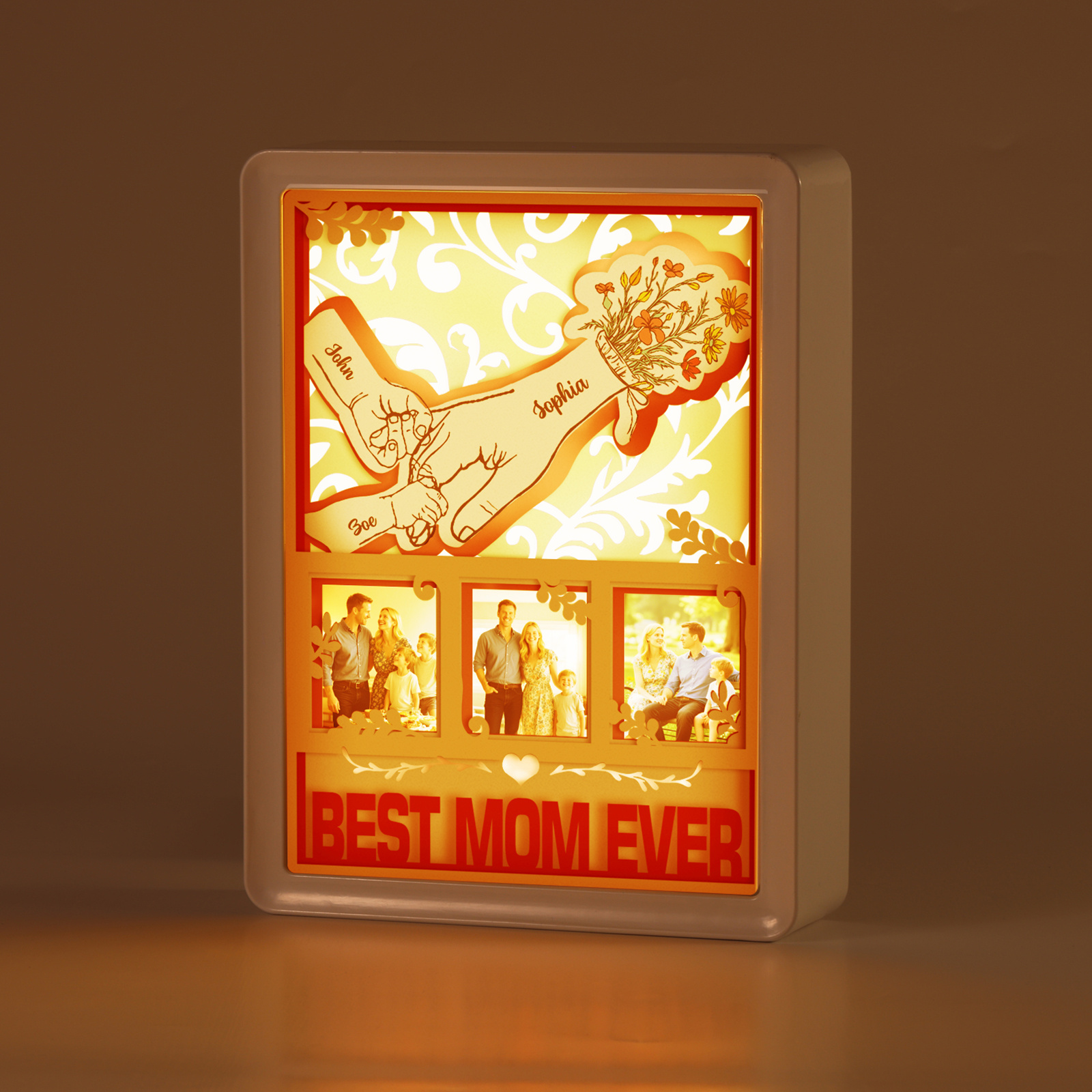Cadre lumineux 3D en papier découpé « Main dans la main » – personnalisé avec prénoms, photos et texte
