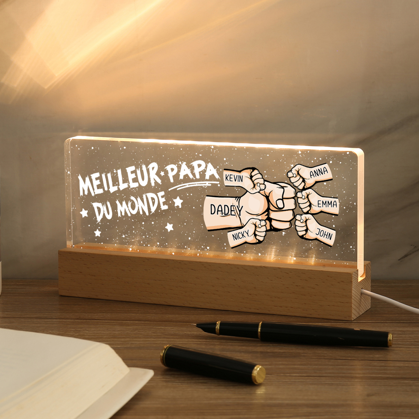 À mon Papa- Lampe de chevet LED Poings 6 Prénoms Personnalisés