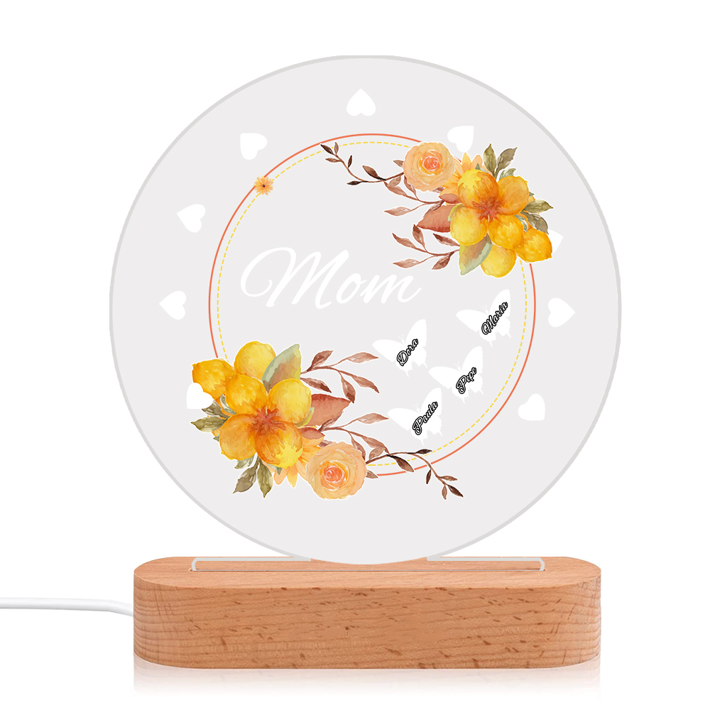 À Maman/Mamie - Lampe de chevet LED Fleurs et Papillons 4 Prénoms Personnalisés avec 1 Texte