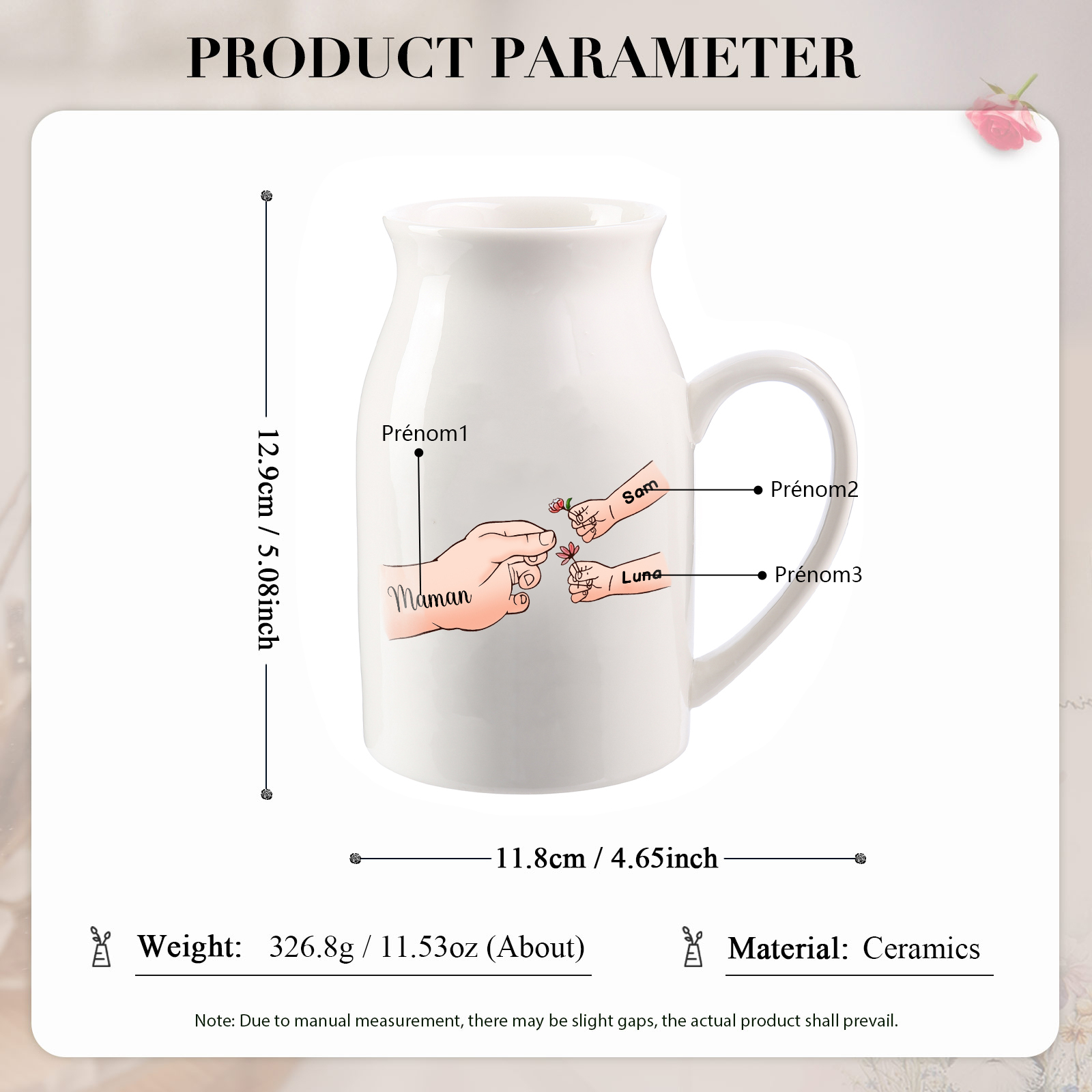 Vase à Fleurs Mains et Enfants 3 Prénoms Personnalisés Décoration de la Maison