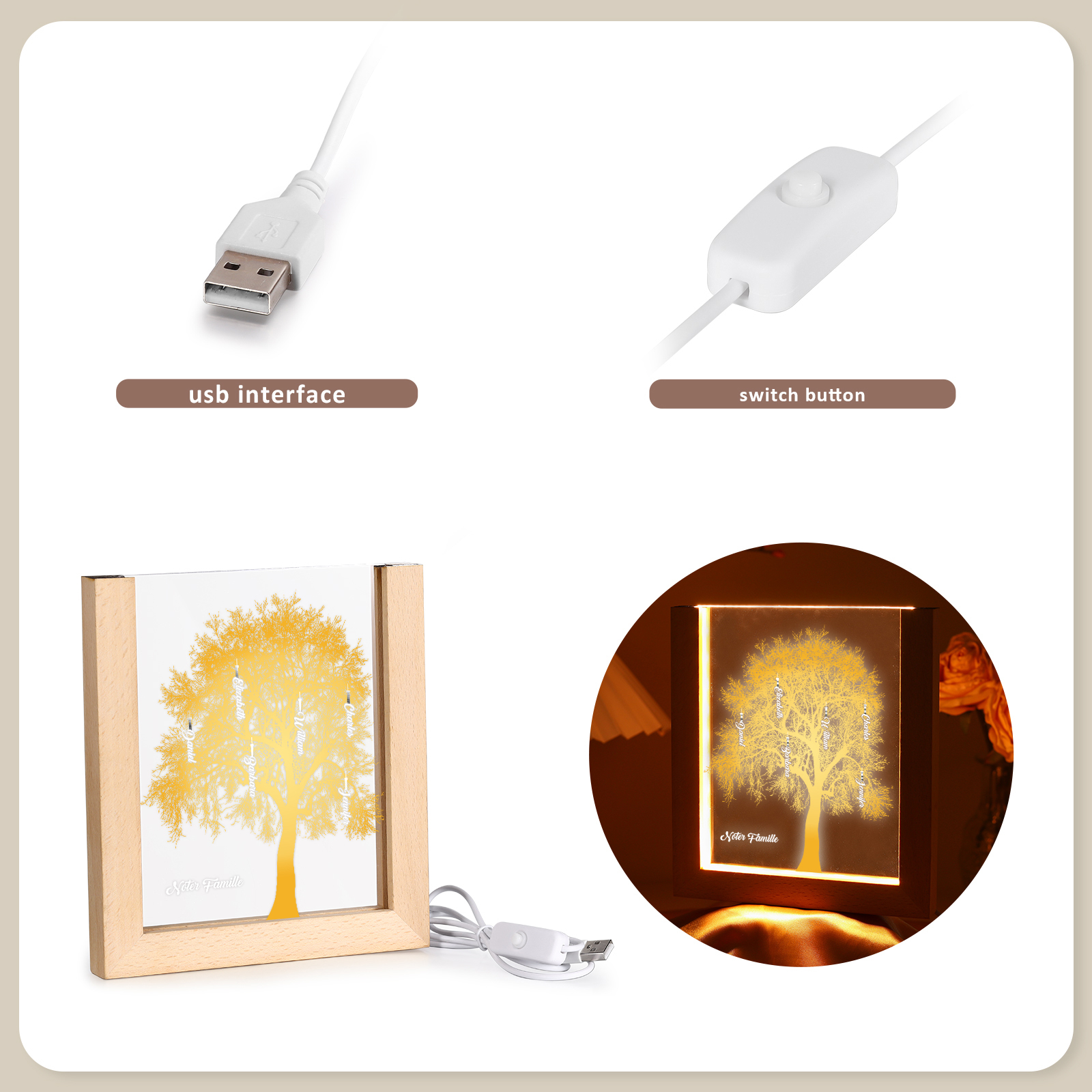 À Maman/Mamie - Lampe de chevet LED Arbre 6 Prénoms Personnalisés avec 1 Texte