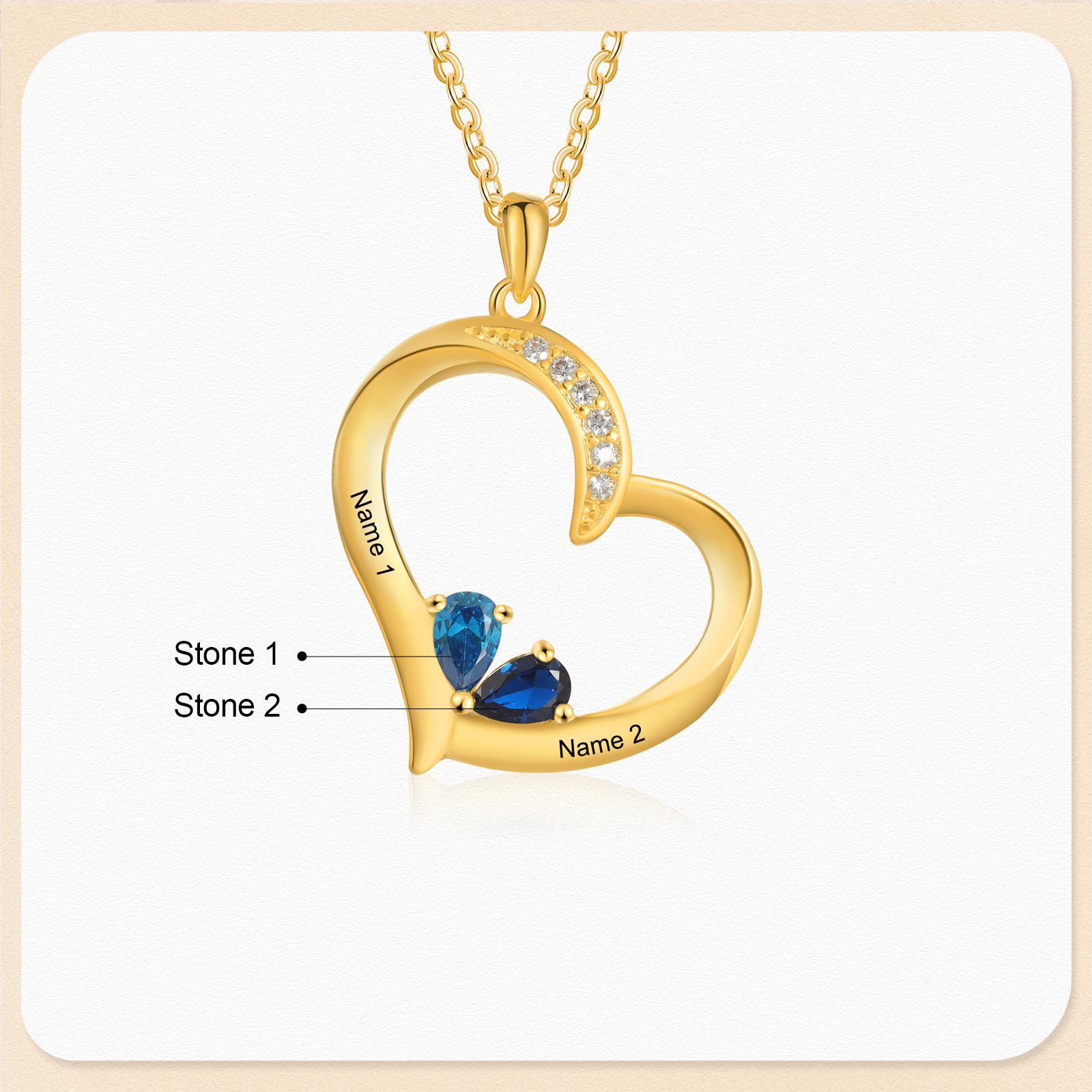 Collier Cœur 1-6 Prénoms Personnalisés avec Pierre de naissance