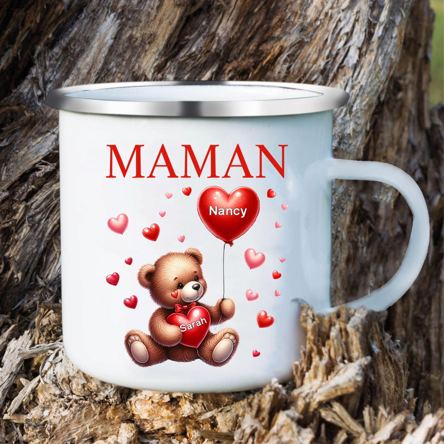 À Maman/Mamie - Tasse émaillée Ours 2 Prénoms Personnalisés