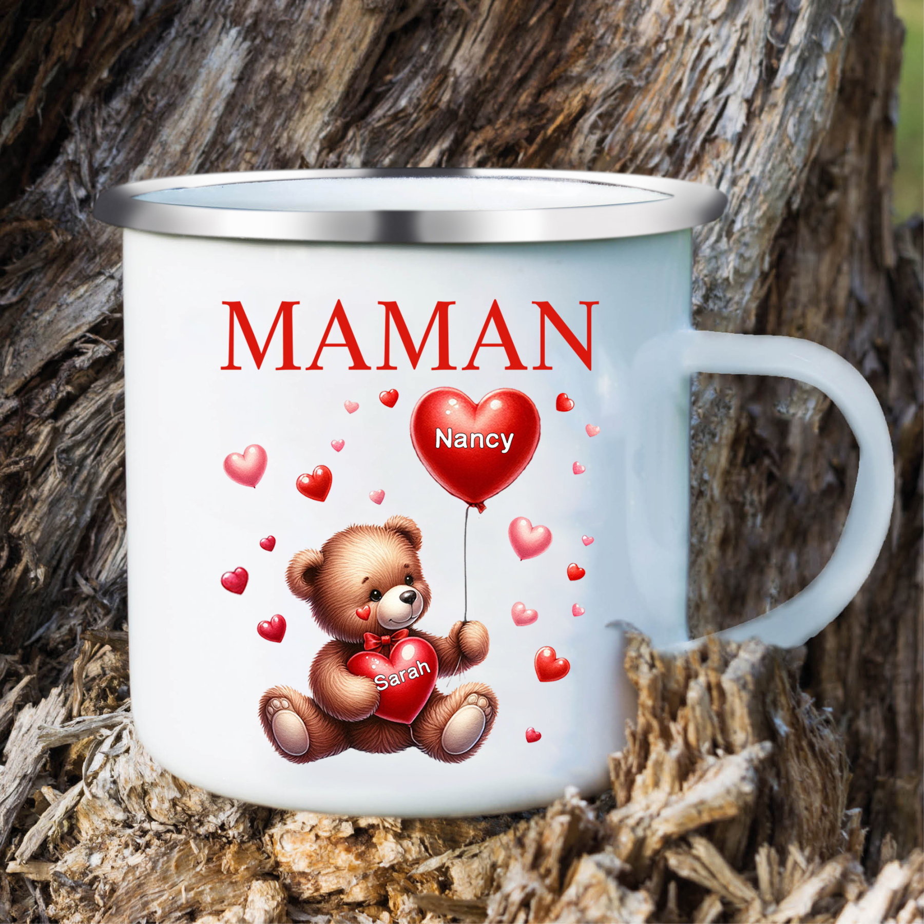 À Maman/Mamie - Tasse émaillée Ours 2 Prénoms Personnalisés