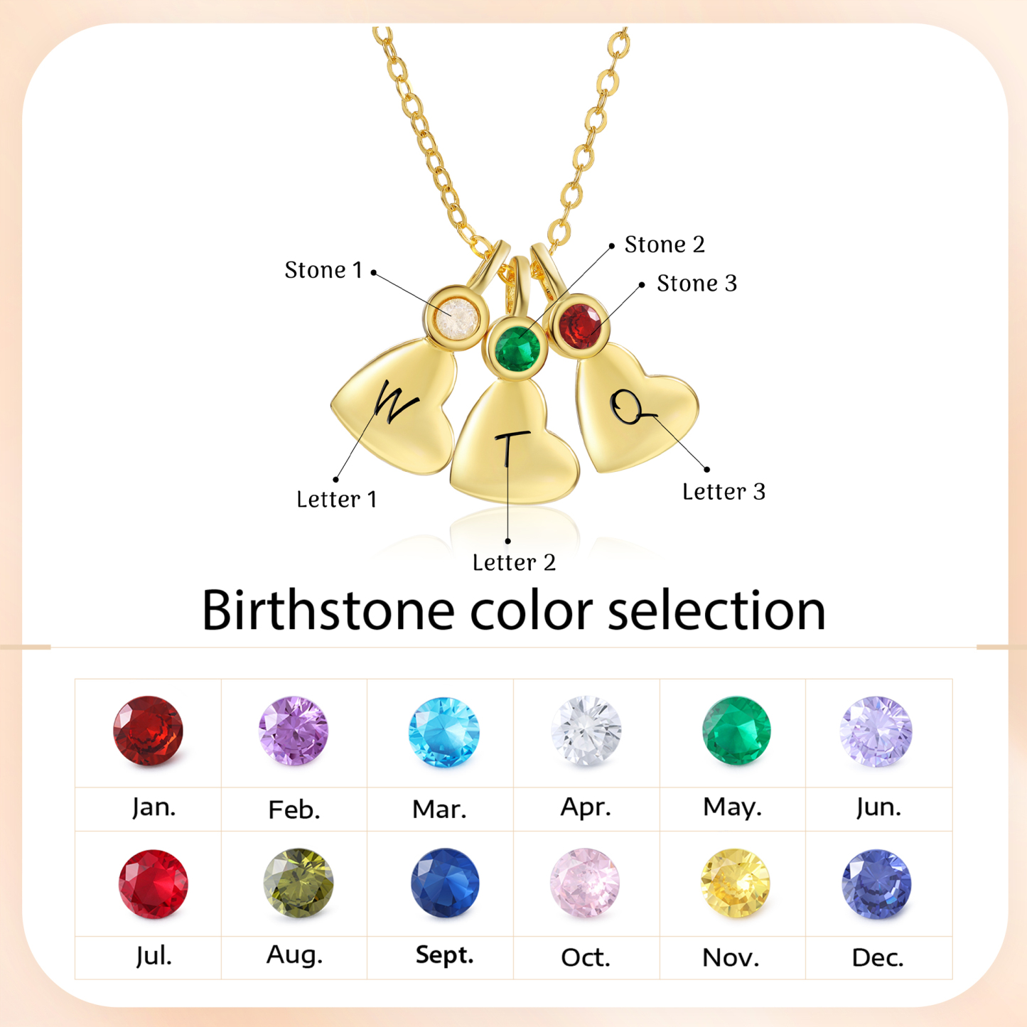 Collier Lettre avec Pendentif Cœur 3 Lettres Personnalisées avec Pierre de naissance pour Femmes|Jessemade