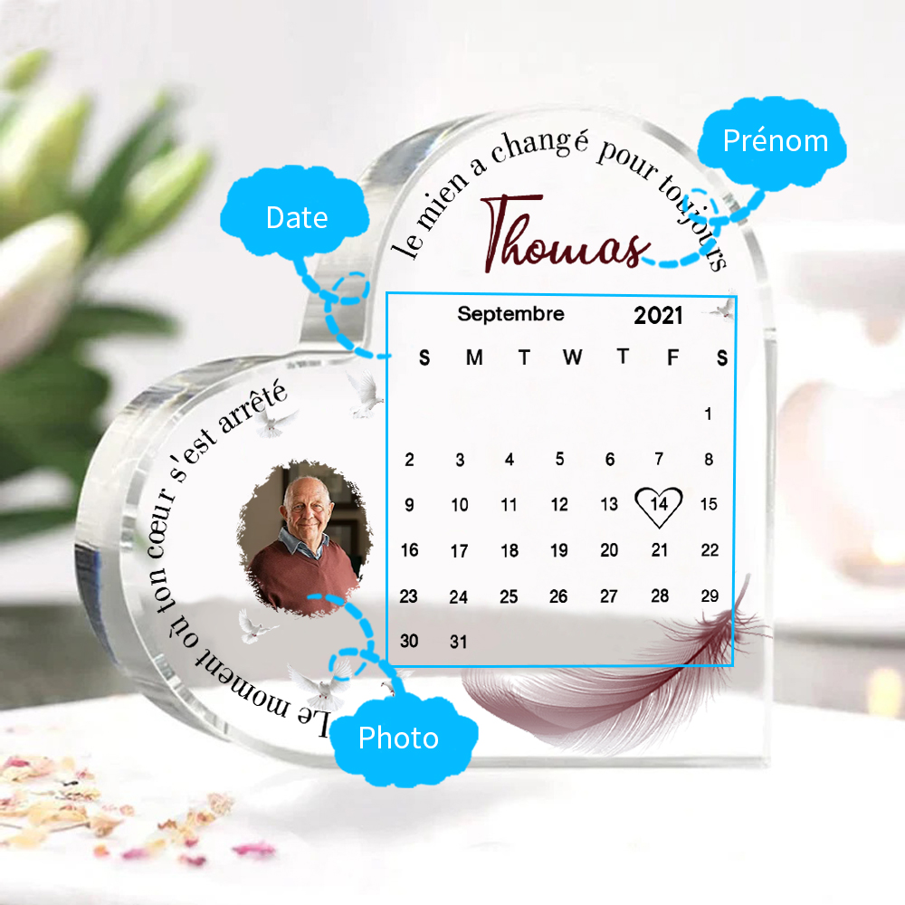 Plaque Acrylique en Forme de Cœur Commémorative 1 Prénom et Date Personnalisés avec Photo