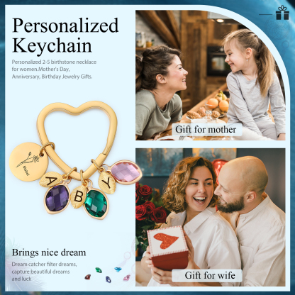 Porte-Clés Fleur de Naissance Feuilles 1 Prénom et 3 Lettres Personnalisés avec 3 Pierres de Naissance