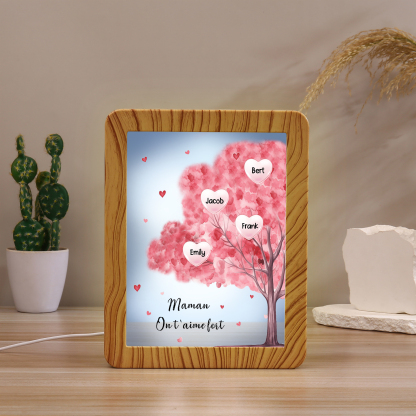 Cadre Photo/Miroir LED Multifonctionnel Arbre 4 Prénoms Personnalisés avec Texte pour Famille