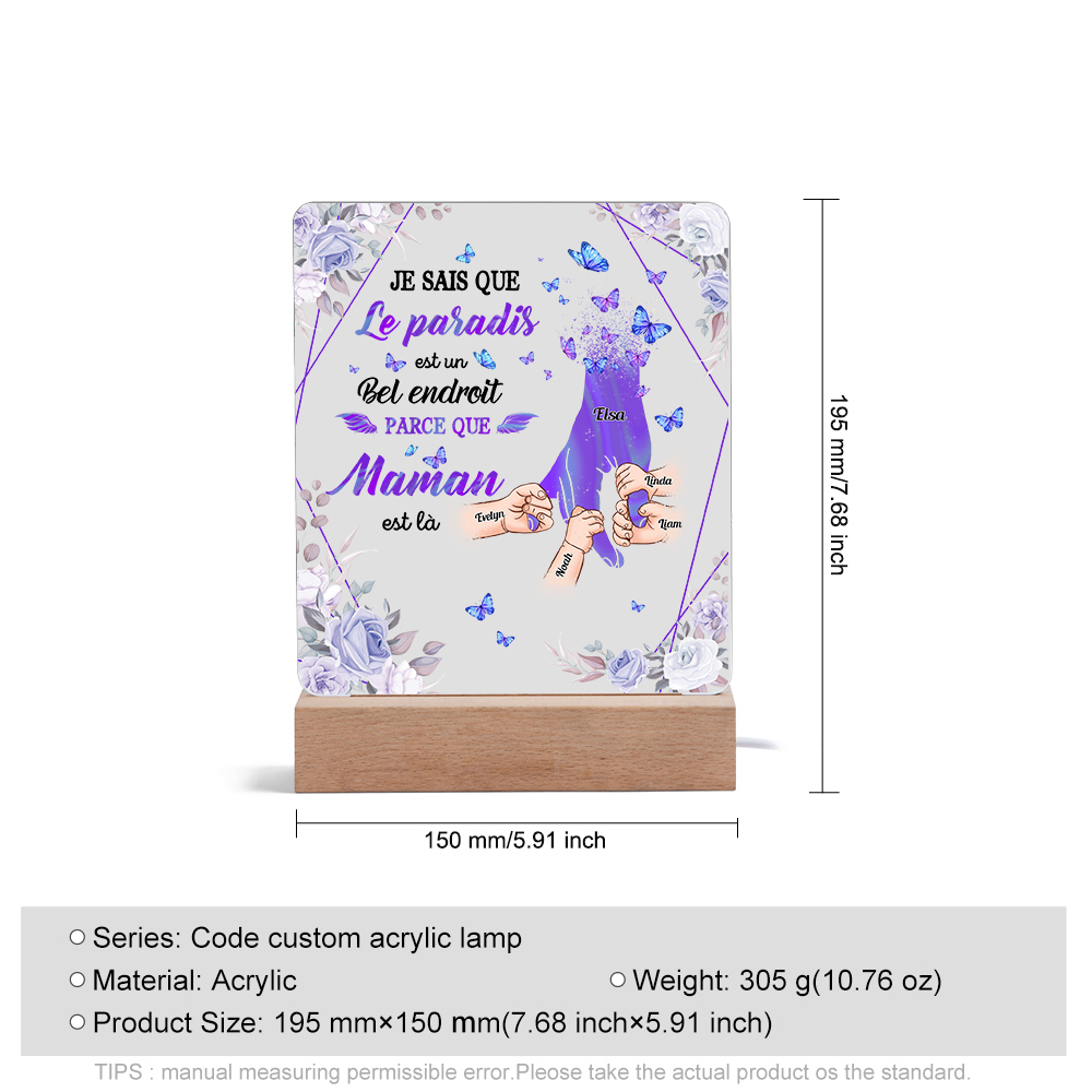 À Maman/Papa - Lampe de chevet LED Commémorative 5 Prénoms Personnalisés avec 1 Texte Lampe de chevet la main dans la main