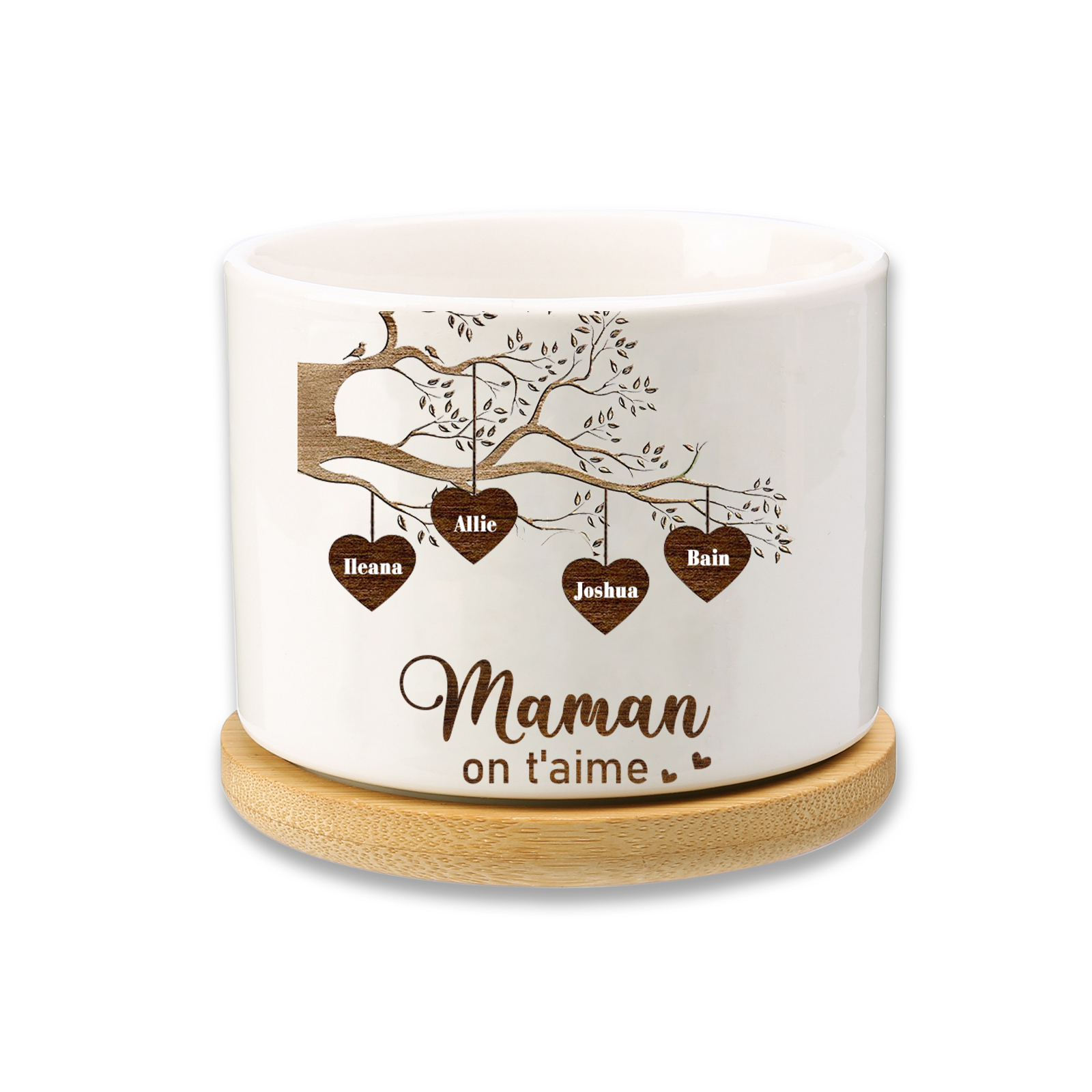Vase/Pot de Fleurs Arbre de vie 4 Prénoms Personnalisés avec Texte Décoration de la Maison (sans plantes)