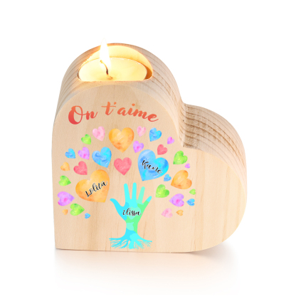 Bougeoir en Bois 3 Prénoms Personnalisés avec Texte sans bougie pour Famille