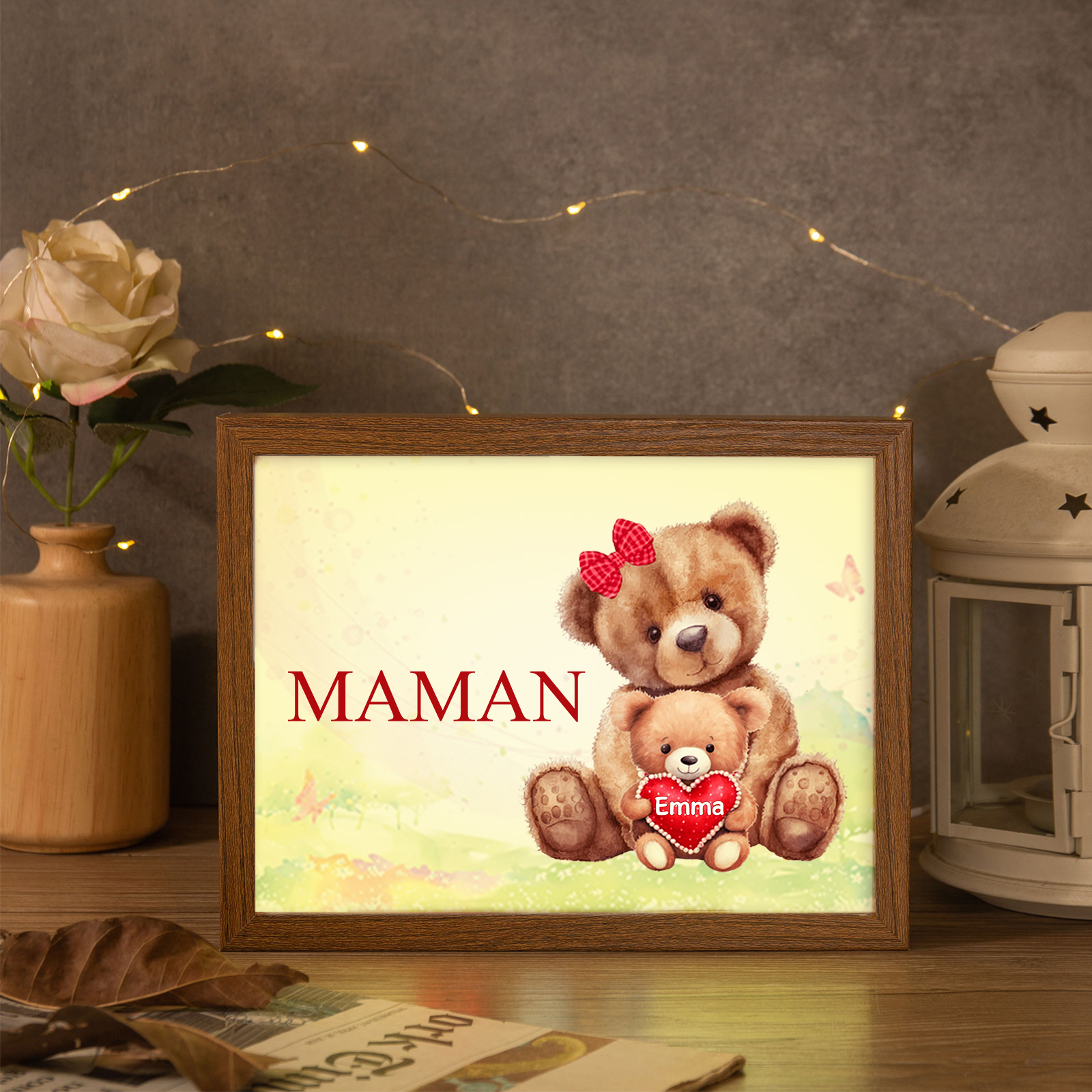 Cadre Photo LED Ours 1 Prénom Personnalisé avec 1 Texte Décoration Famille