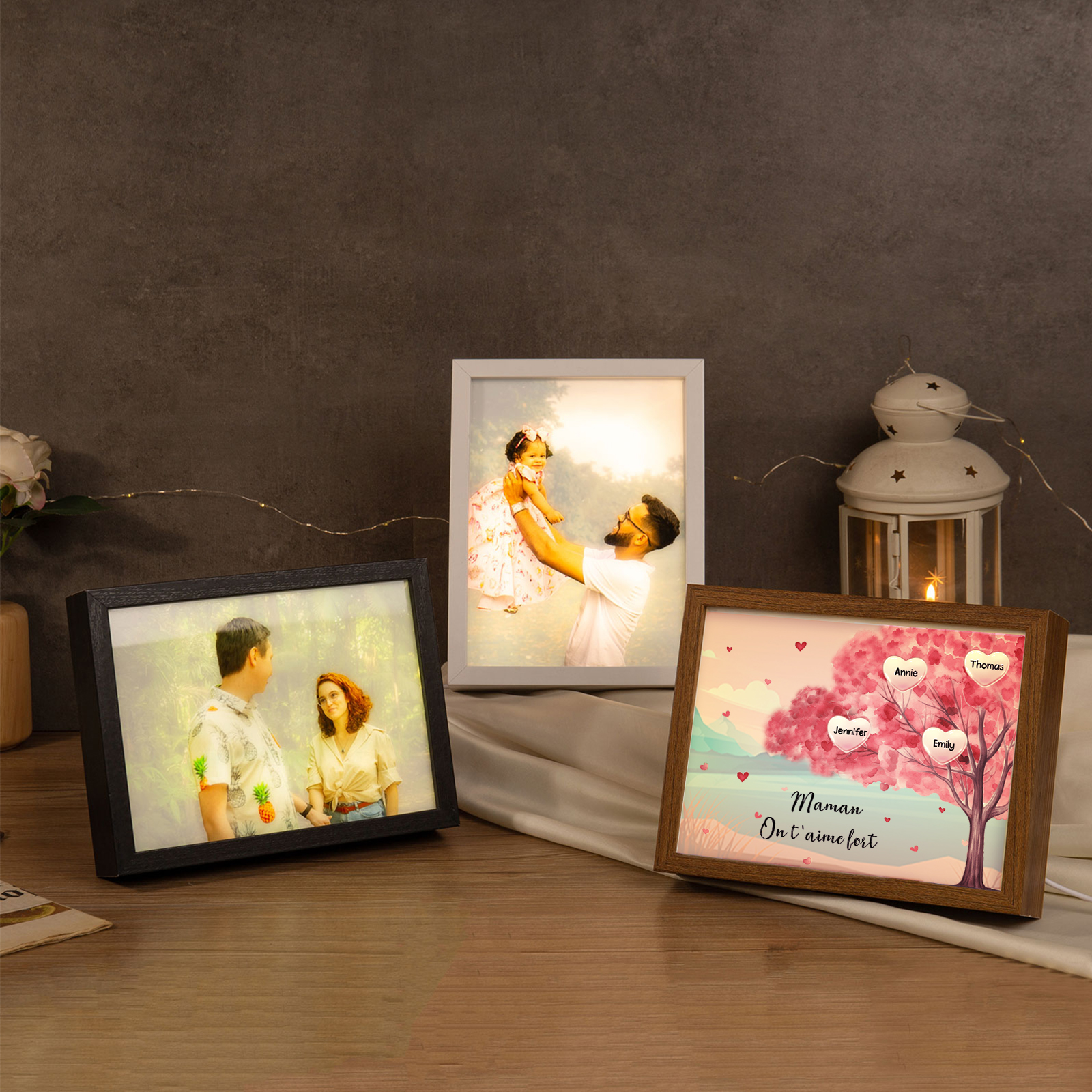 Cadre Photo LED Arbre 4 Prénoms Personnalisés avec 1 Texte Décoration Famille