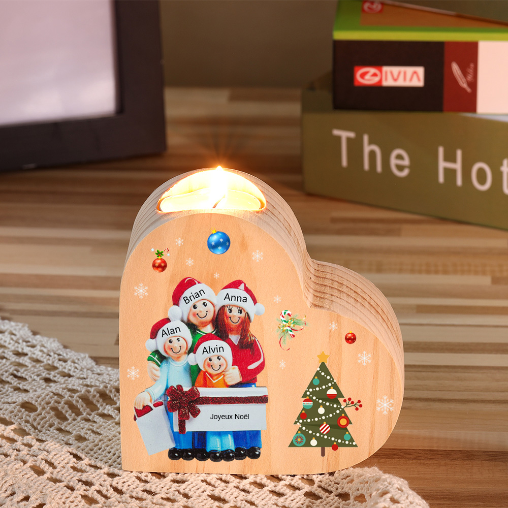 Bougeoir en Bois de Noël Poupée 4 Prénoms Personnalisés sans bougie