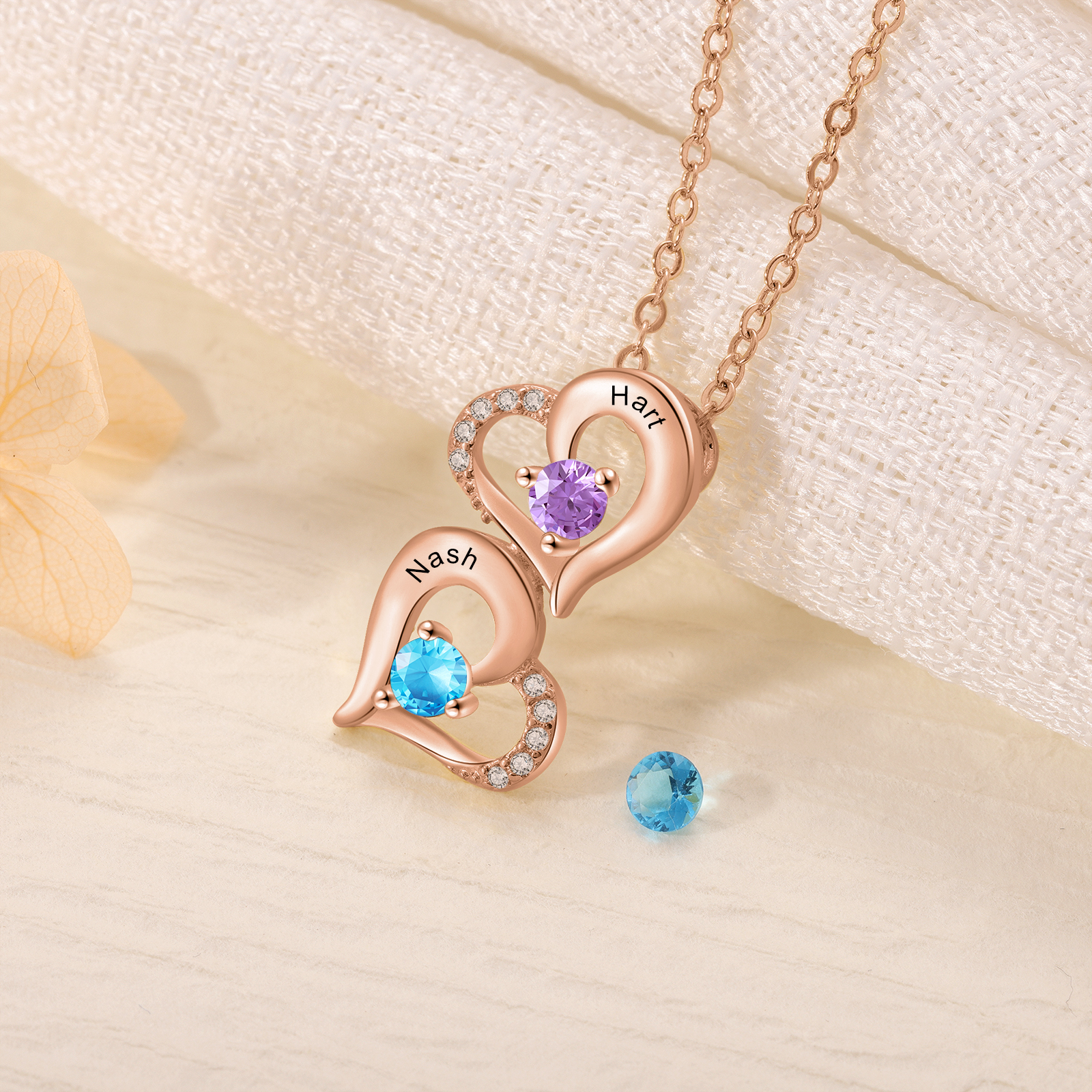 Collier Coeur 2 Prénoms Personnalisés avec Pierre de naissance Or/Or Rose pour Femmes｜Jessemade