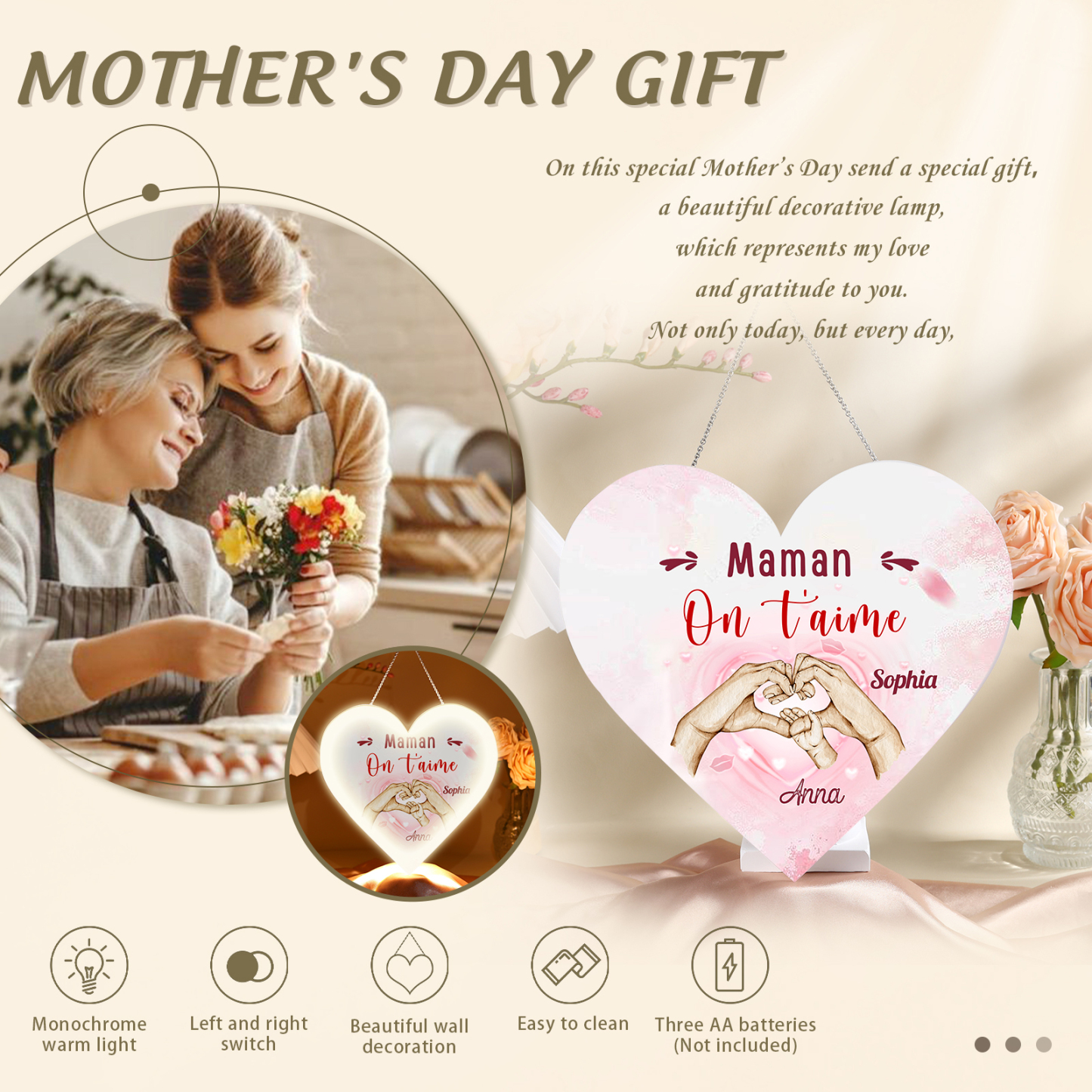À Maman/Mamie - Veilleuse Cœur Décoration Mains et Enfants 2 Prénoms Personnalisés avec Texte