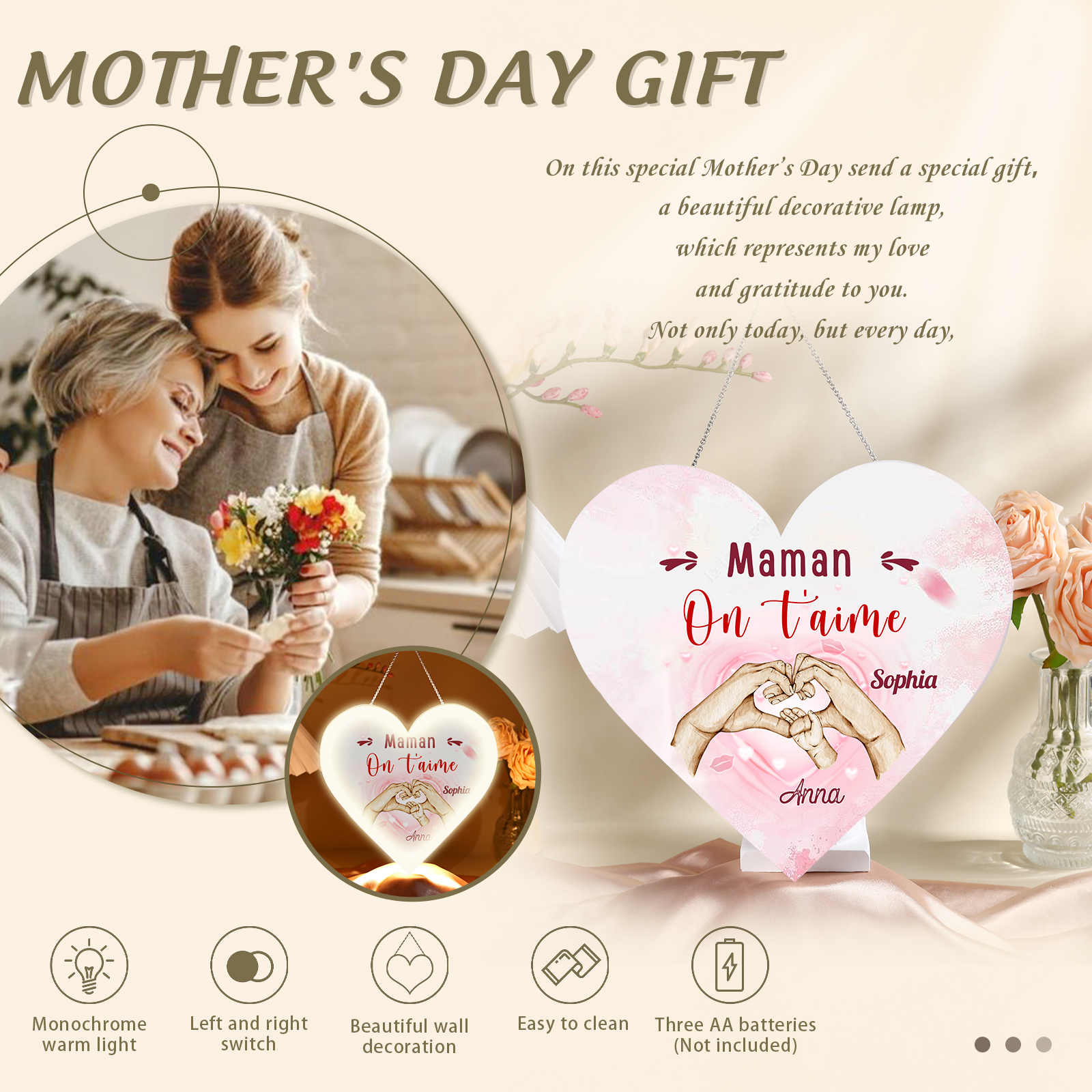 À Maman/Mamie - Veilleuse Cœur Décoration Mains et Enfants 2 Prénoms Personnalisés avec Texte