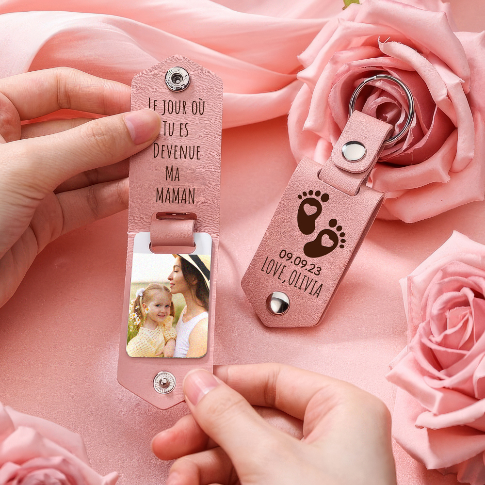 À ma Maman - Porte-Clés Cuir Texte et Photo Personnalisés avec Date