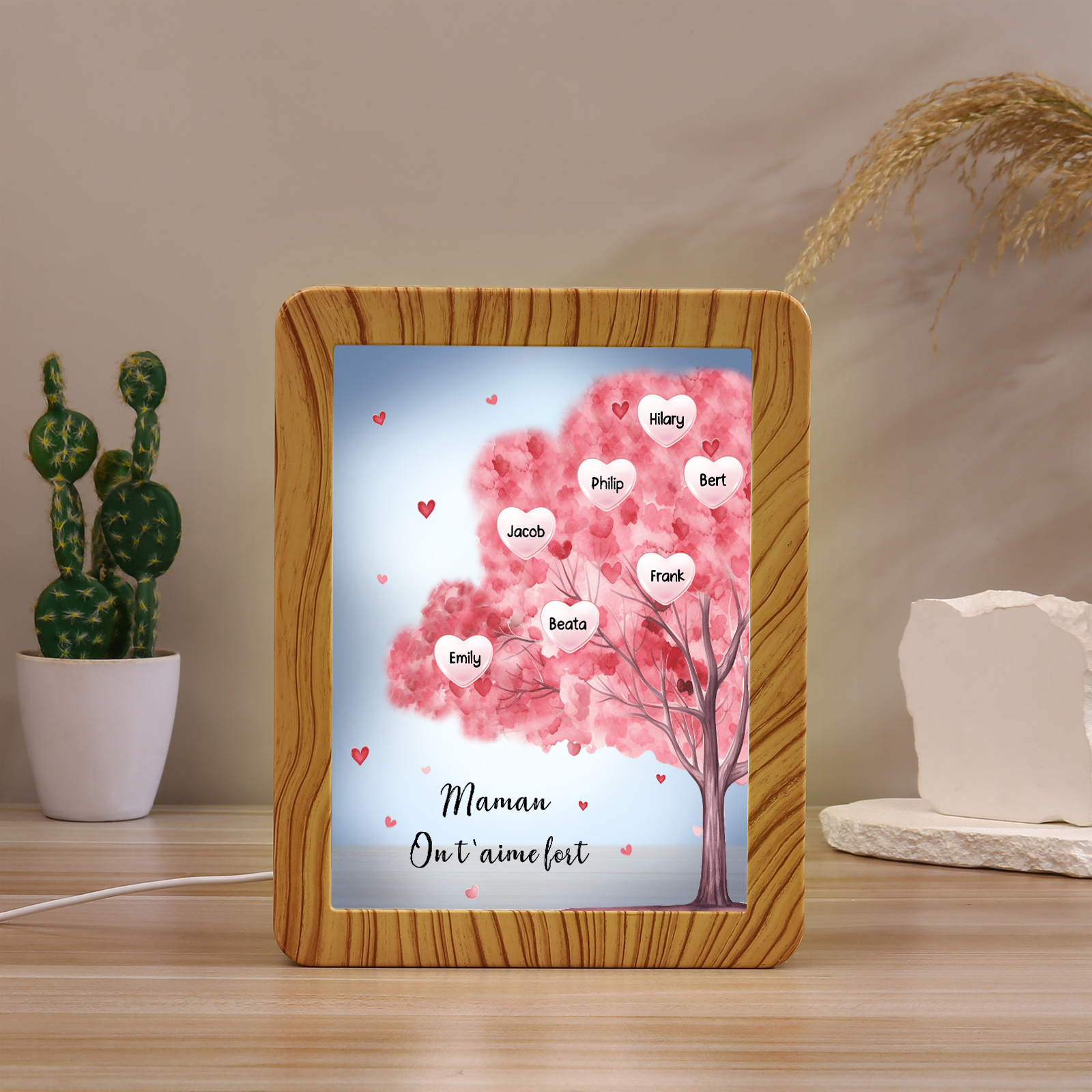 Cadre Photo/Miroir LED Multifonctionnel Arbre 7 Prénoms Personnalisés avec Texte pour Famille