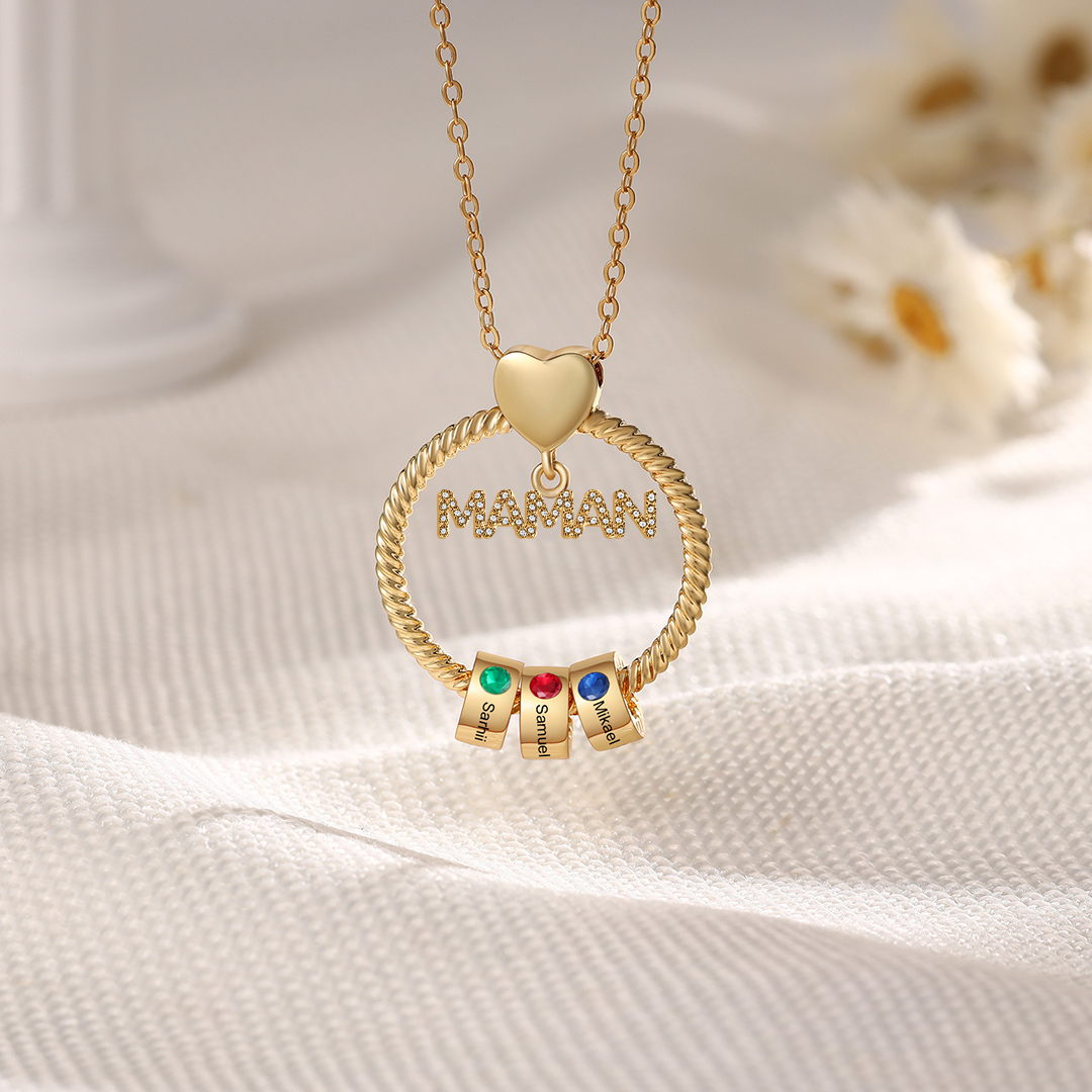 À ma Maman - Collier Pendentif 3 Prénoms Personnalisés avec Pierre de naissance|Jessemade