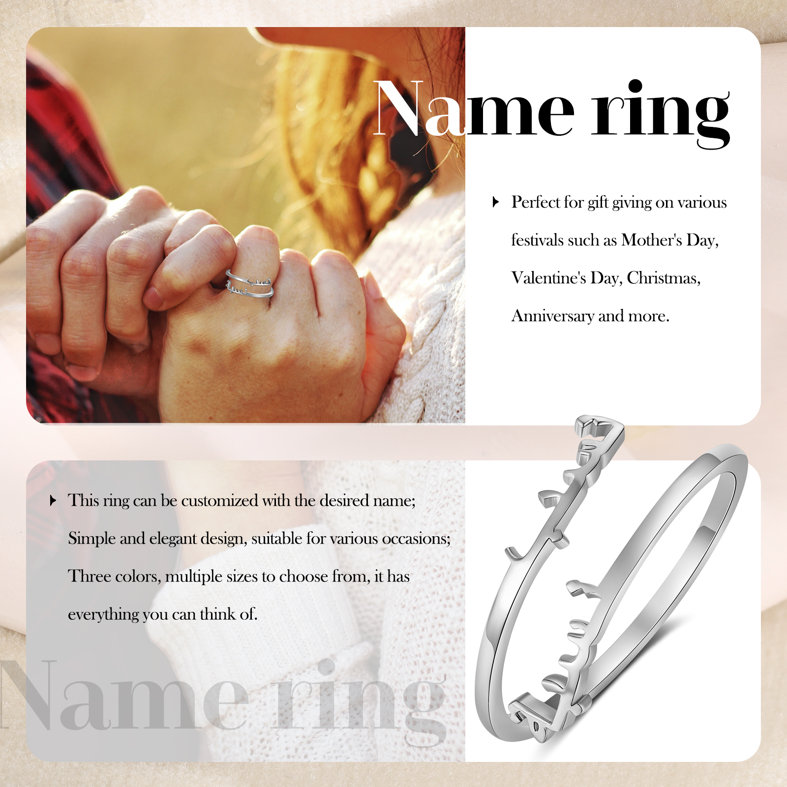 Bague Réglable arabe 2 Prénoms Personnalisés