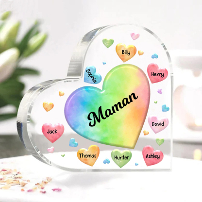 À ma Maman/Mamie - Plaque Acrylique en Forme de Cœur 8 Prénoms Personnalisés avec 1 Texte