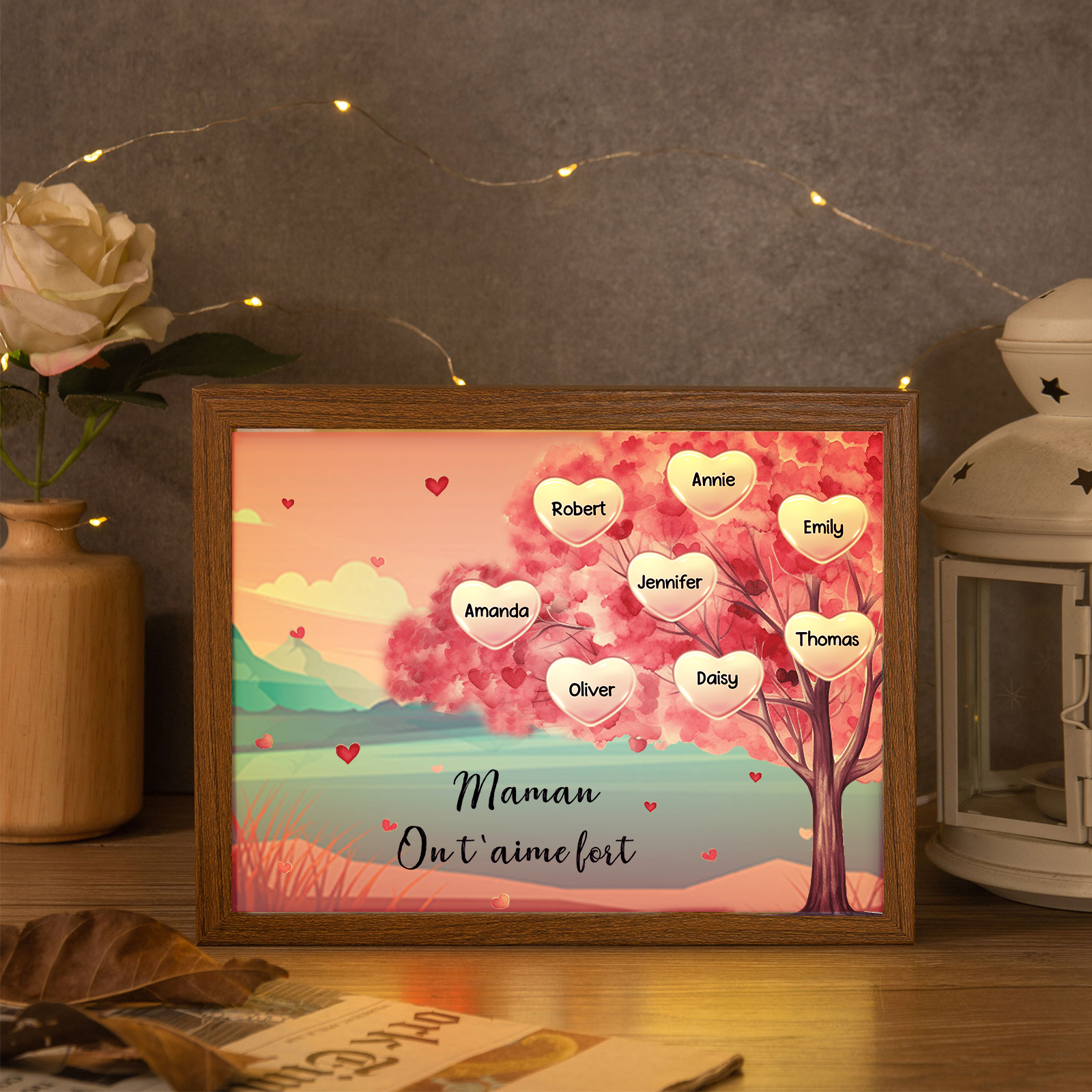 Cadre Photo LED Arbre 8 Prénoms Personnalisés avec 1 Texte Décoration Famille