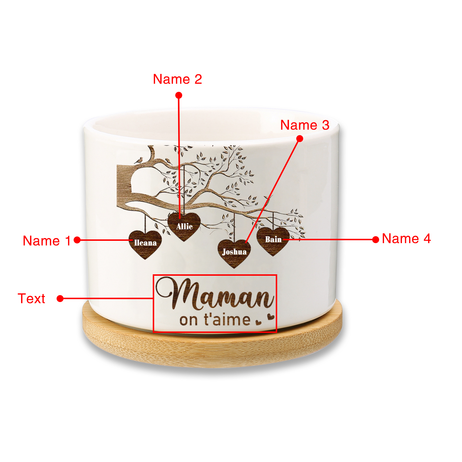 Vase/Pot de Fleurs Arbre de vie 4 Prénoms Personnalisés avec Texte Décoration de la Maison (sans plantes)