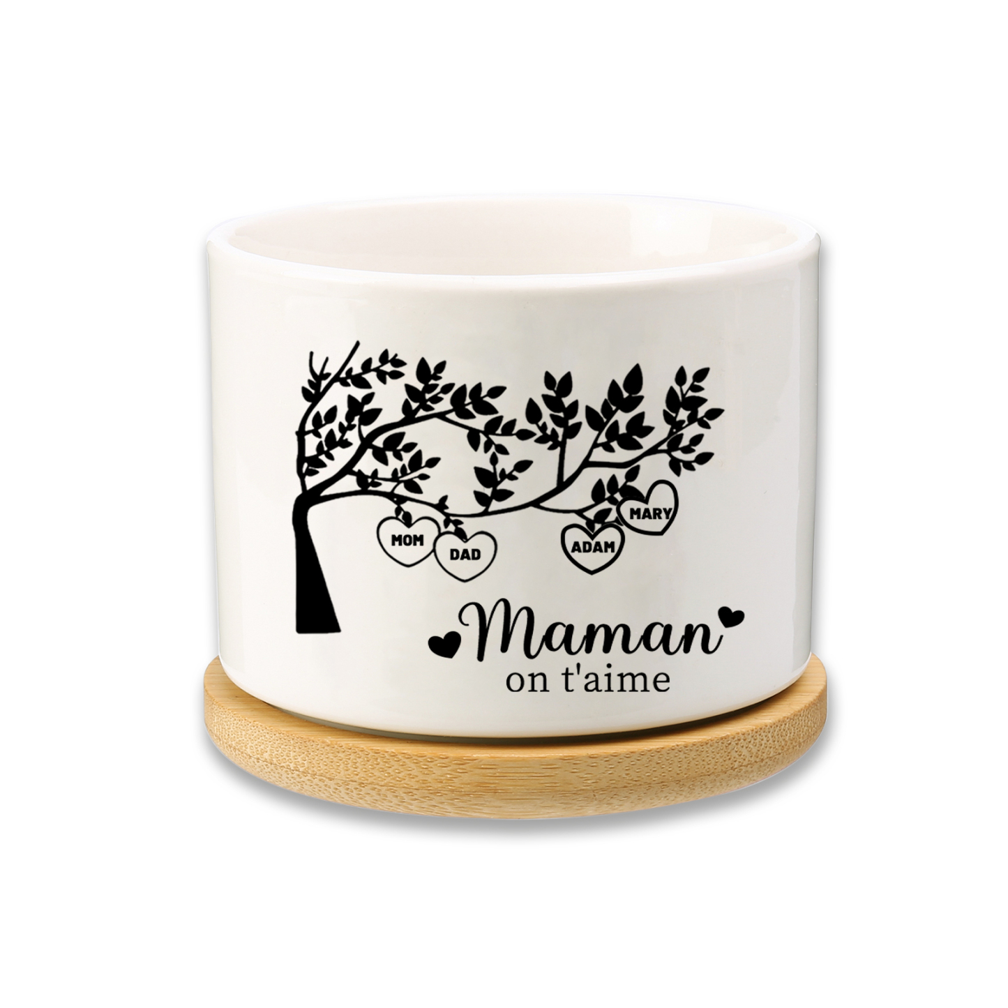 Vase/Pot de Fleurs Arbre de vie 4 Prénoms Personnalisés avec Texte Décoration de la Maison (sans plantes)