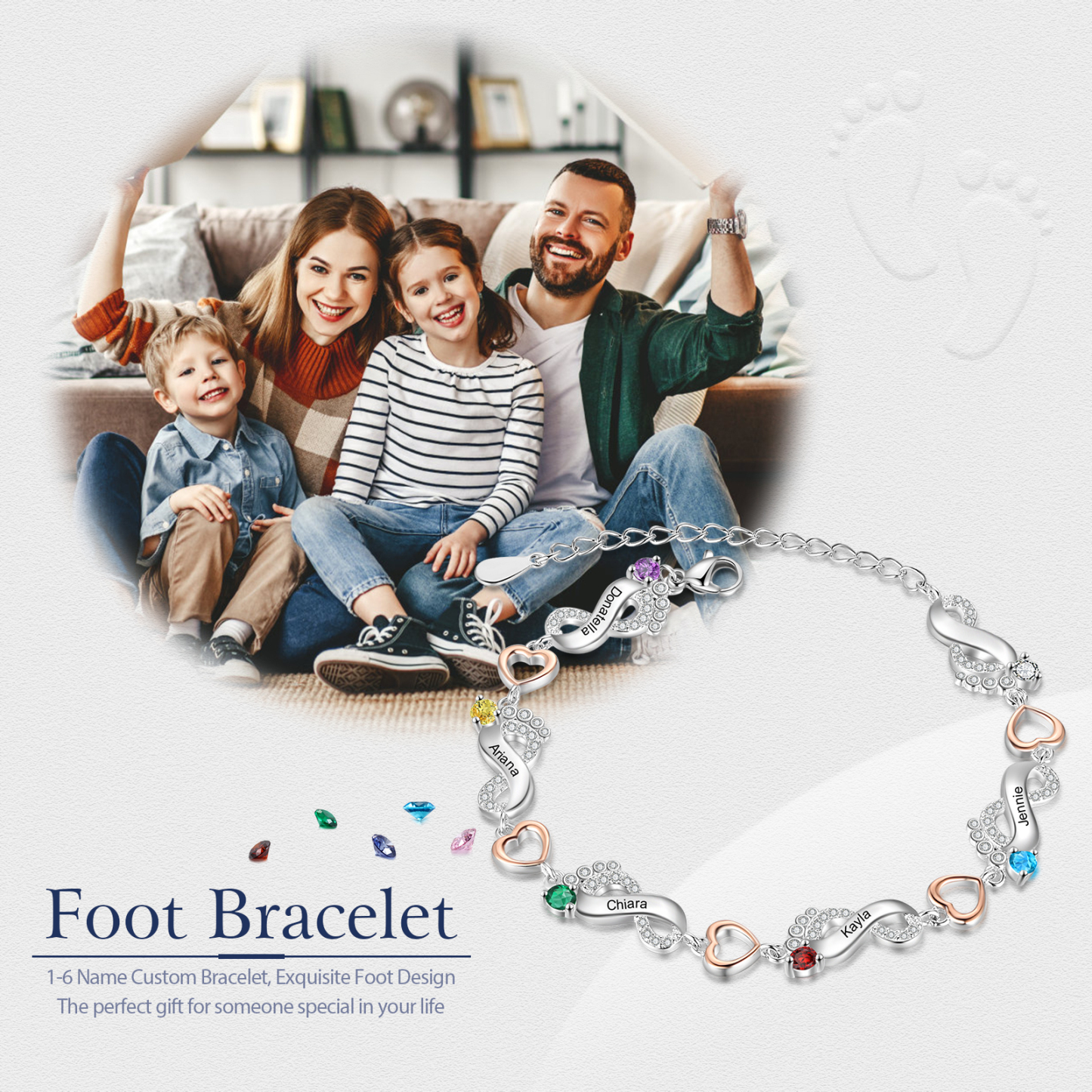 Bracelet Pied bébé et Cœur Personnalisé avec 5 Prénoms et Pierres de naissance Bracelet pour Femme | Jessemade