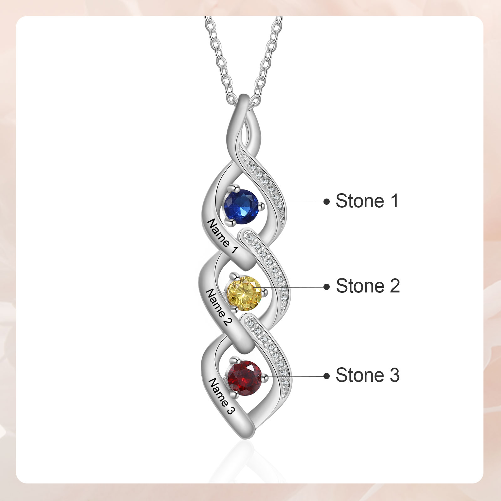 Collier Pendentif DNA 3 Prénoms Personnalisés avec Pierres de naissance