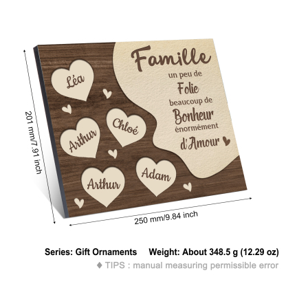 Cadre en Bois Cœur 5 Prénoms Personnalisés pour Famille