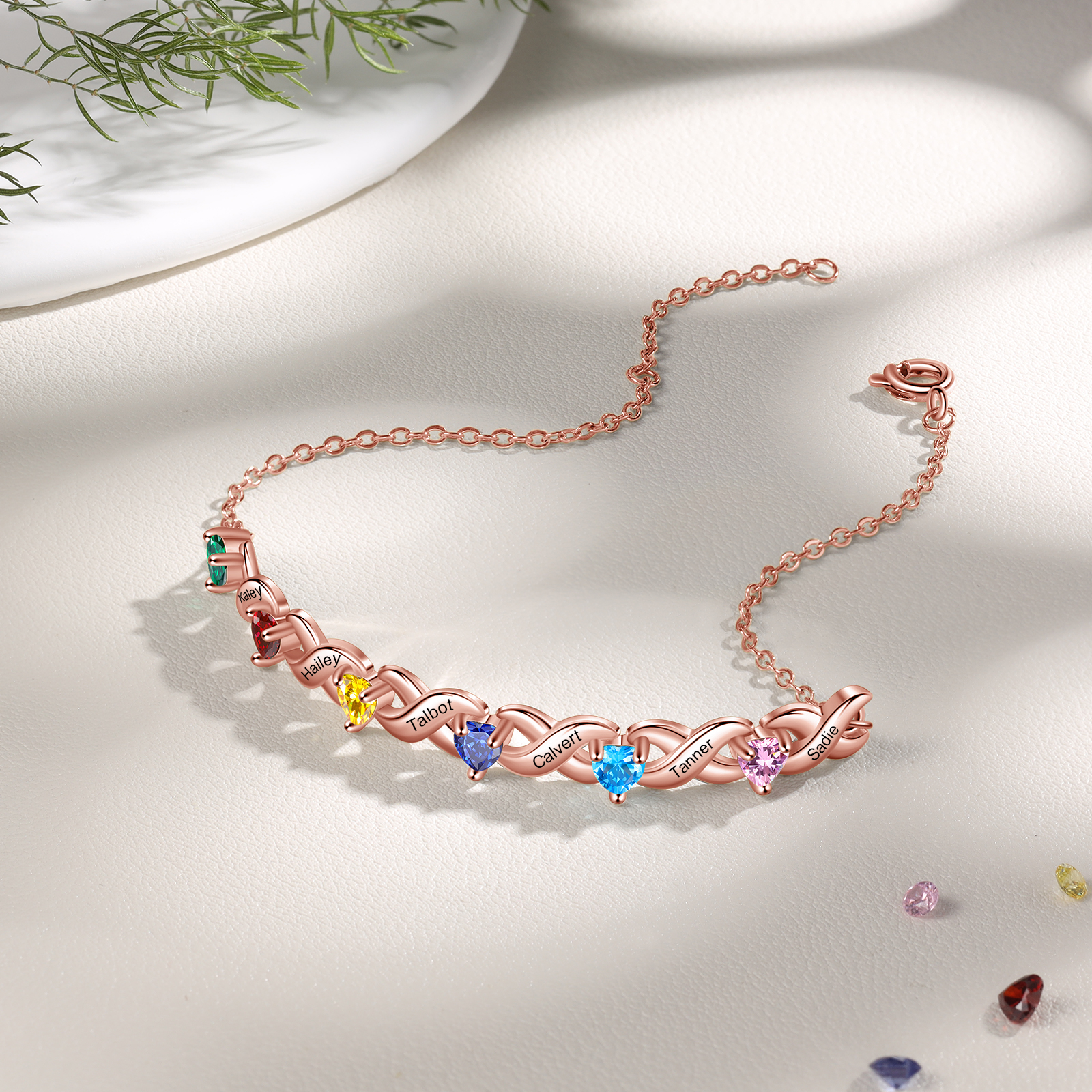 Bracelet à Breloque 6 Prénoms Personnalisé avec 6 Pierres de Naissance