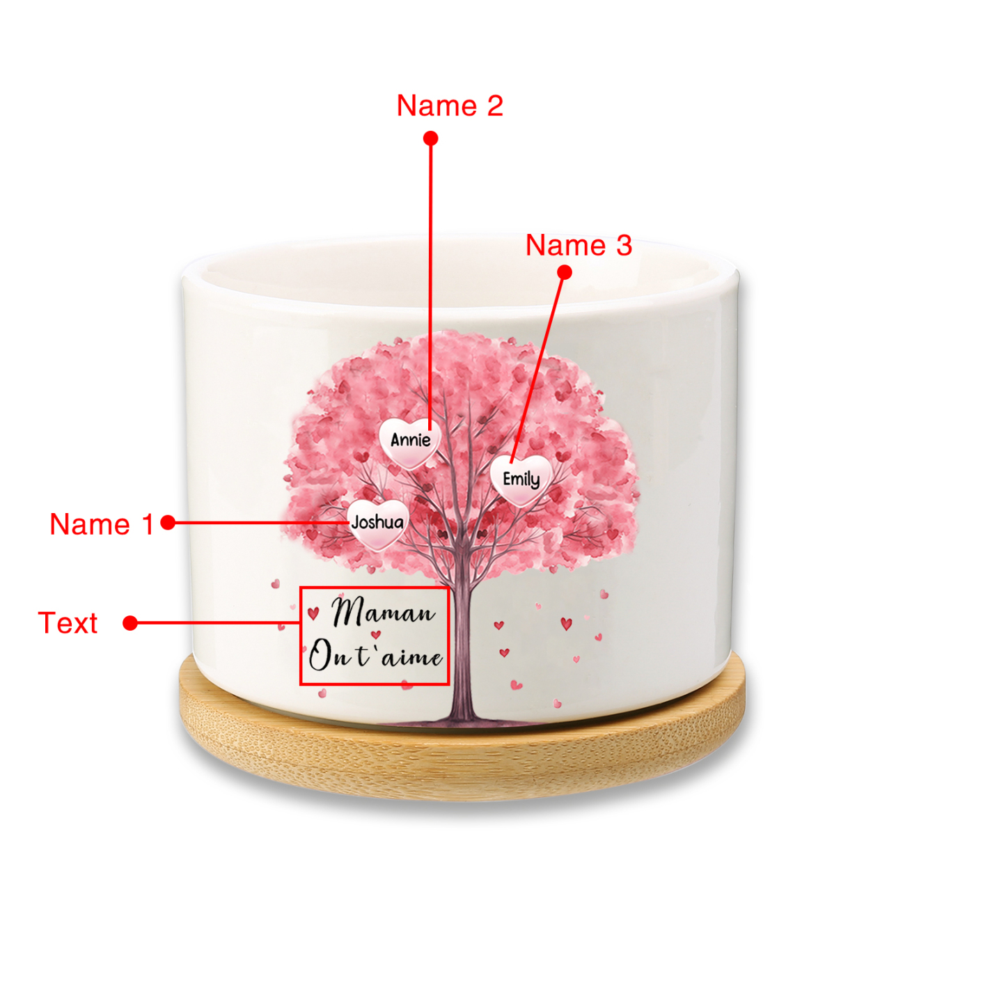Vase/Pot de Fleurs Arbre 3 Prénoms Personnalisés avec Texte Décoration de la Maison (sans plantes)