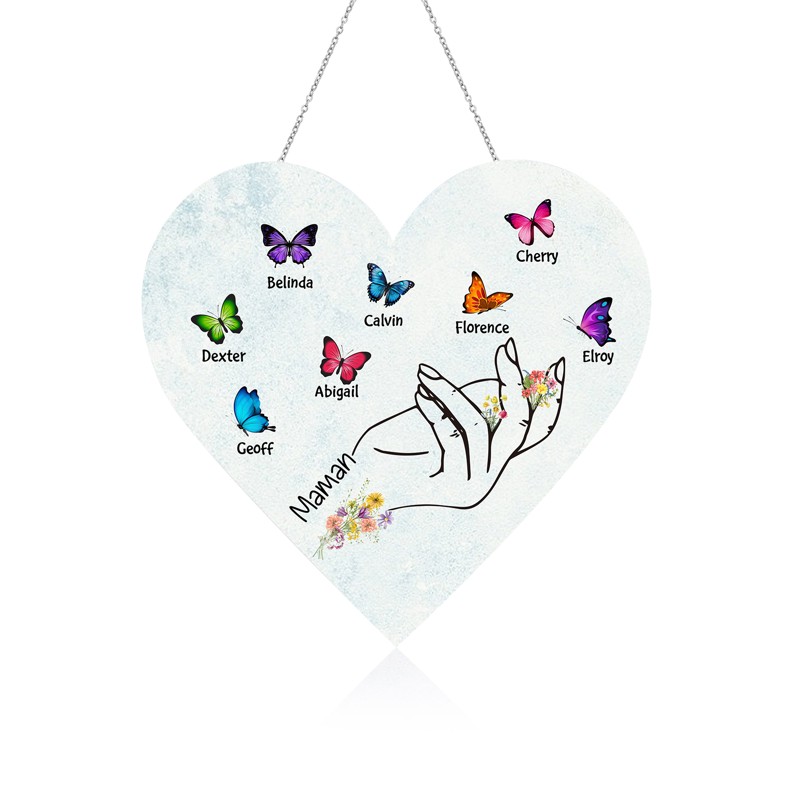 À Maman/Mamie - Veilleuse Cœur Décoration Main et Papillon 8 Prénoms Personnalisés avec 1 Texte