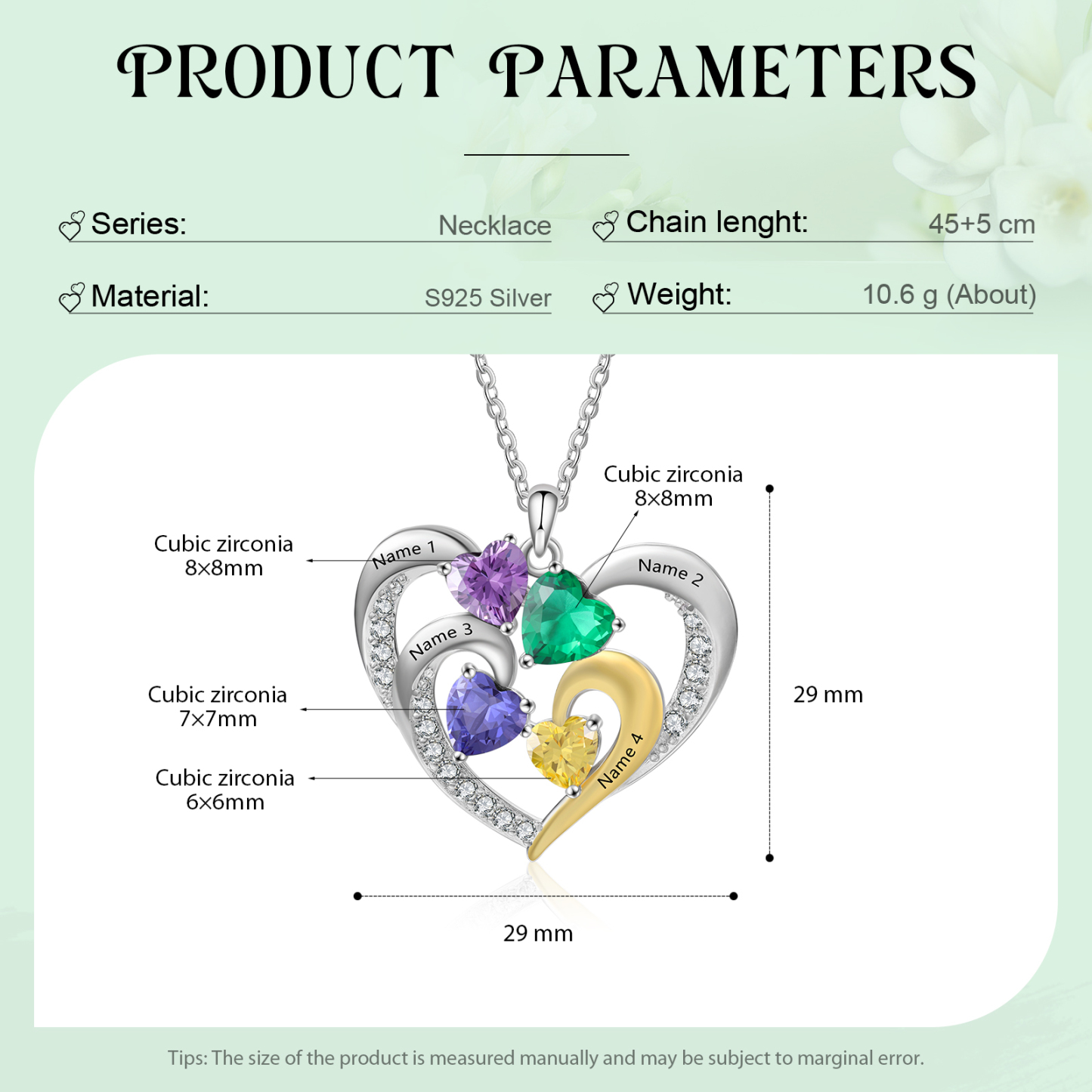 Collier Argent 925 Pendentif Cœur 4 Prénoms et 1 Texte Personnalisés avec 4 Pierre de naissance pour Femmes