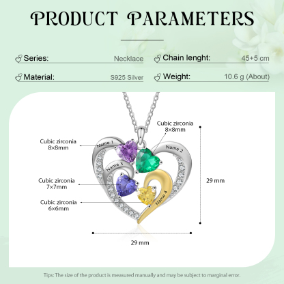 Collier Argent 925 Pendentif Cœur 4 Prénoms et 1 Texte Personnalisés avec 4 Pierre de naissance pour Femmes