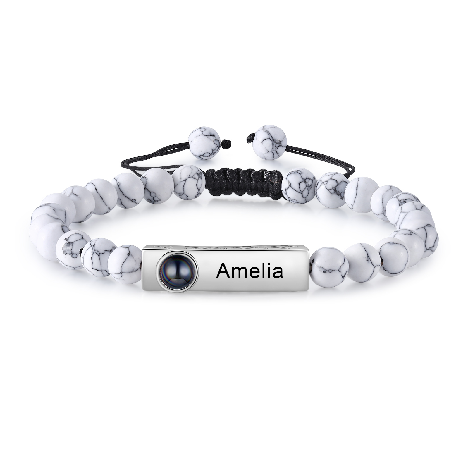 2PCS Bracelets Projection de Pierres 2 Prénoms et 1 Photo Personnalisés pour Couple