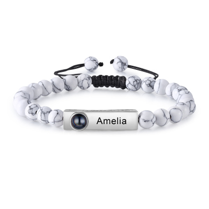 2PCS Bracelets Projection de Pierres 2 Prénoms et 1 Photo Personnalisés pour Couple