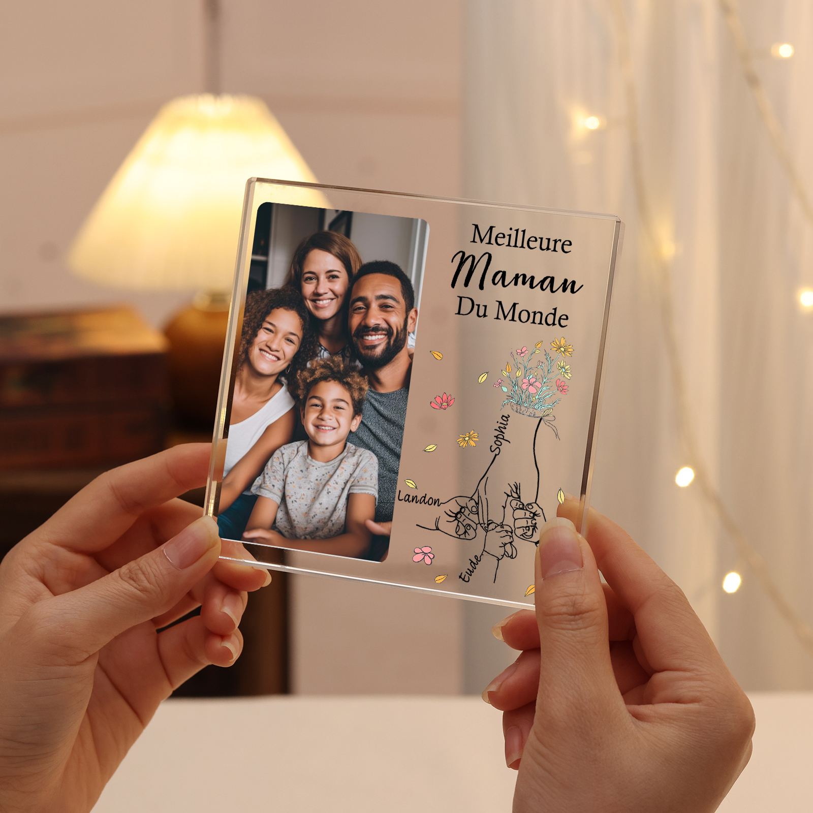 À ma Maman - Plaque Acrylique Carrée la Main dans la Main 4 Prénoms Personnalisés avec Photo
