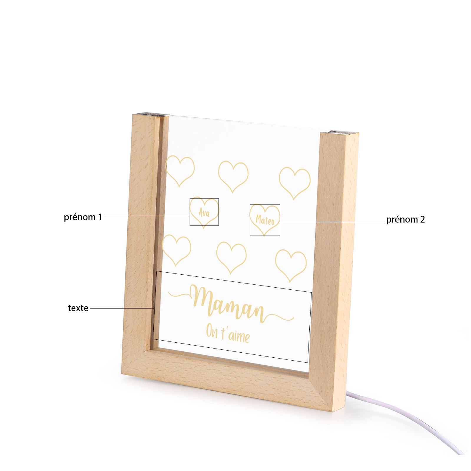 À Maman/Mamie - Lampe de chevet LED Cœurs 2 Prénoms Personnalisés avec 1 Texte