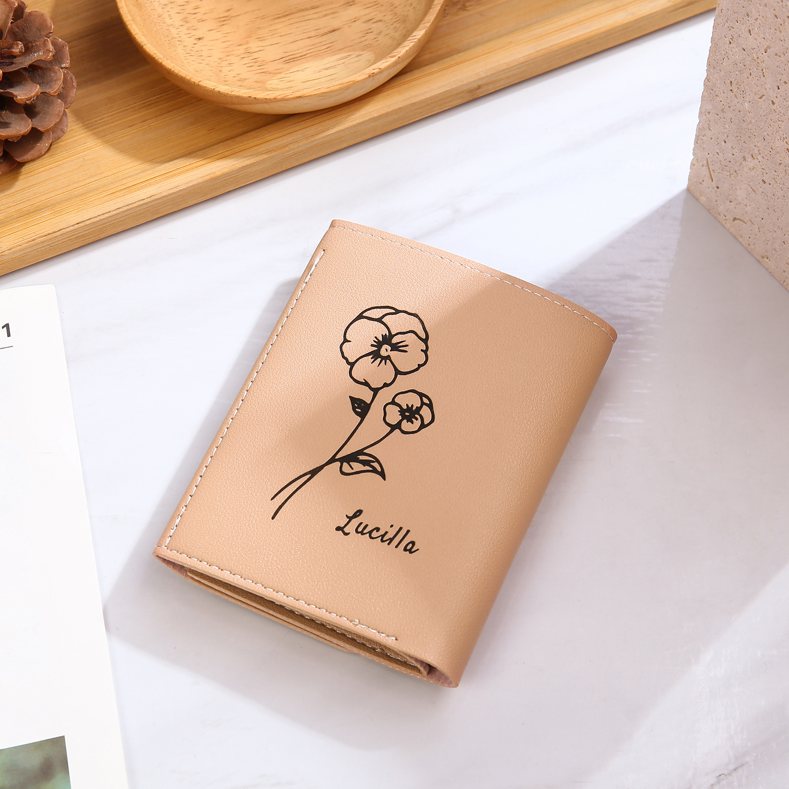 Portefeuille Femme Prénom et Texte Personnalisés avec Fleurs de naissance Porte-Monnaie Carte