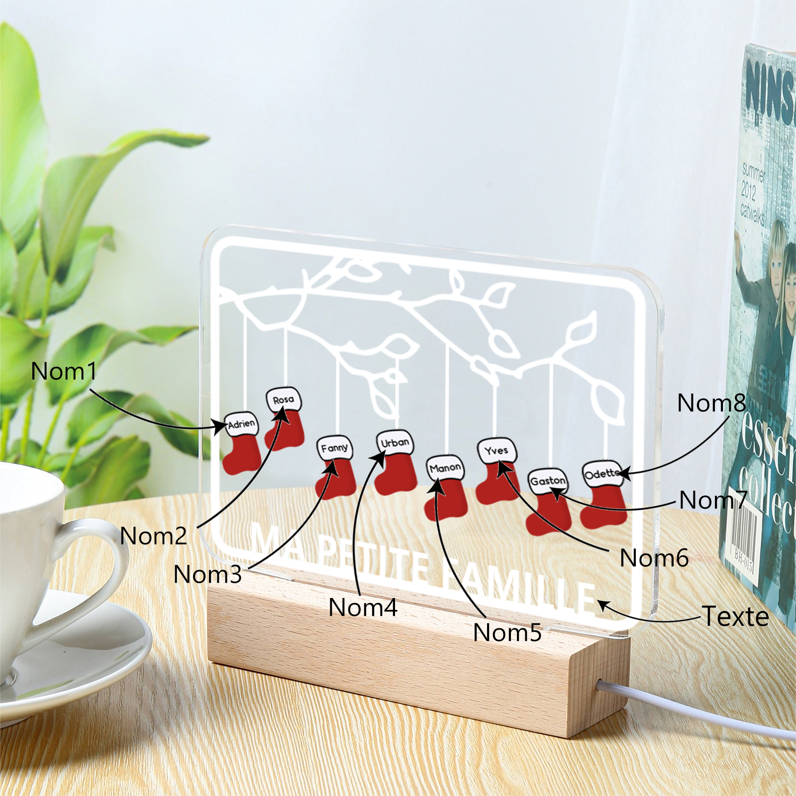 2-8 Noms Lampe de chevet Noël Chaussettes LED Lumières personnalisé avec Texte | Jessemade