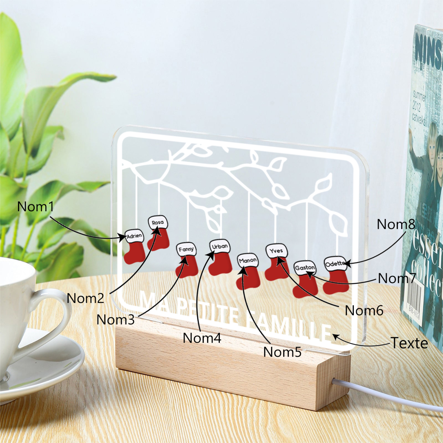 2-8 Noms Lampe de chevet Noël Chaussettes LED Lumières personnalisé avec Texte | Jessemade