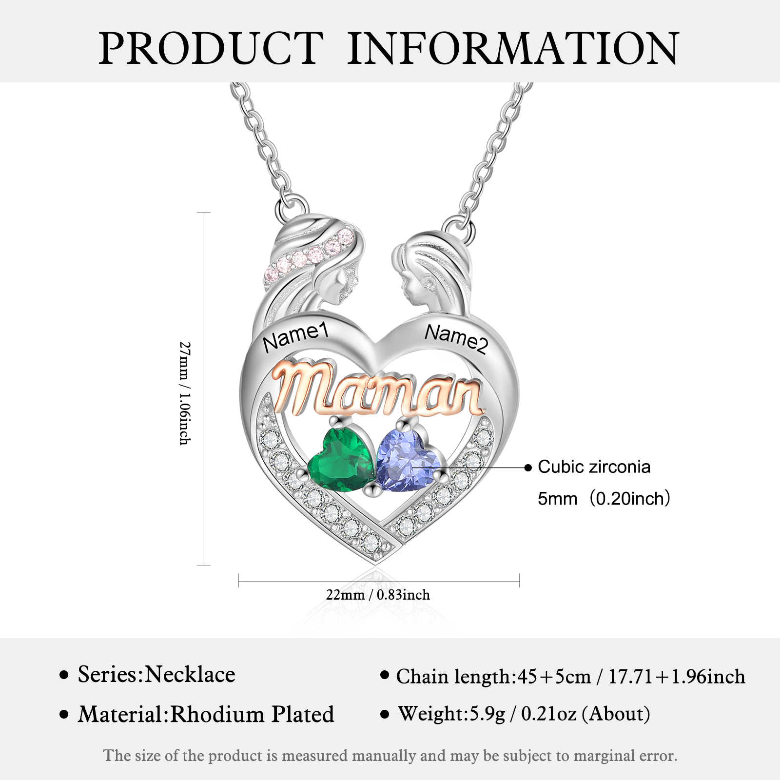 Collier mère et fille Cœur 2 Prénoms Personnalisé avec 2 pierres de naissance