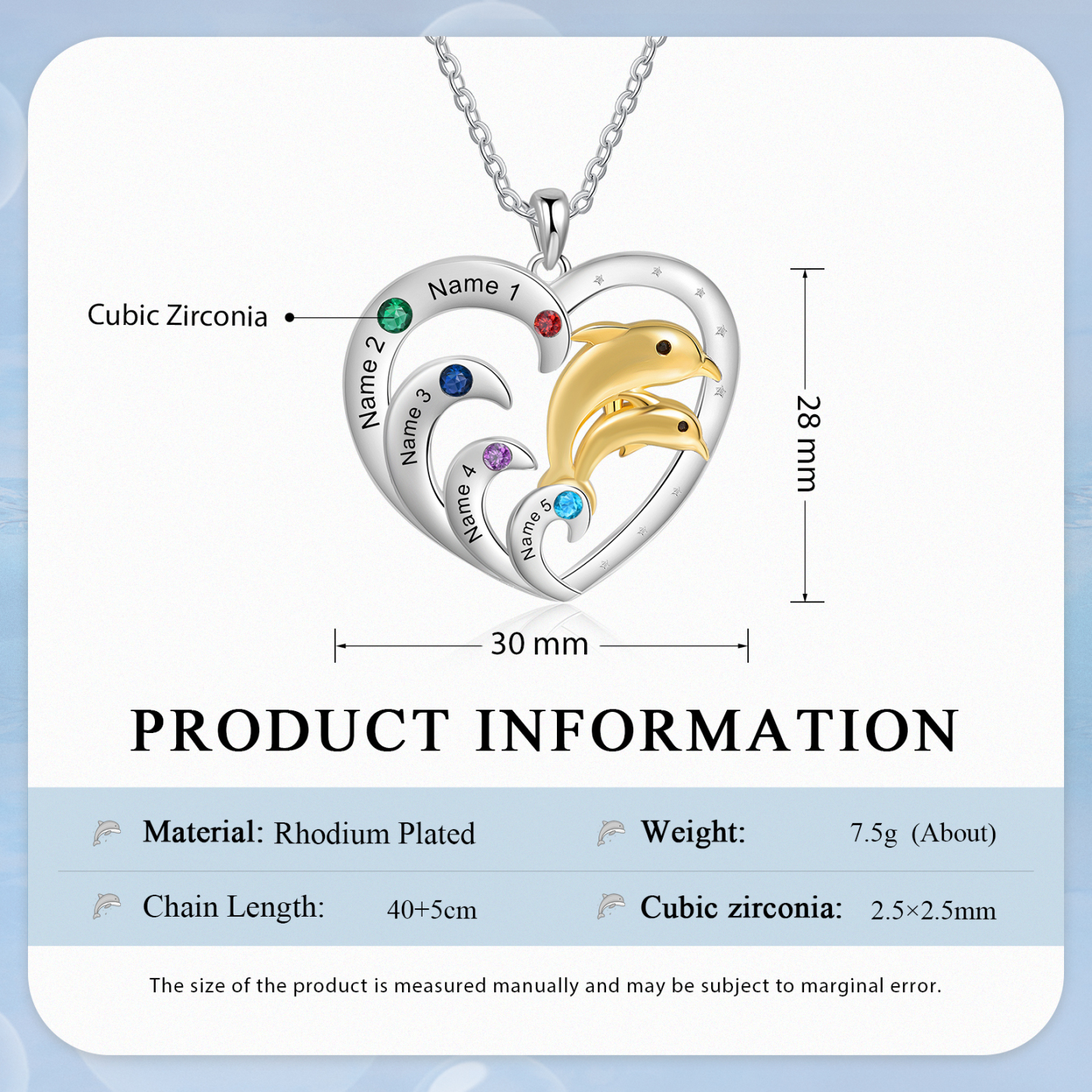 Collier Pendentif Cœur et Dauphin 5 Prénoms Personnalisés avec 4 Pierres de Naissance