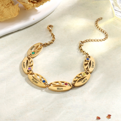 Bracelet Feuilles 6 Prénom Personnalisés avec 6 Pierre de Naissance