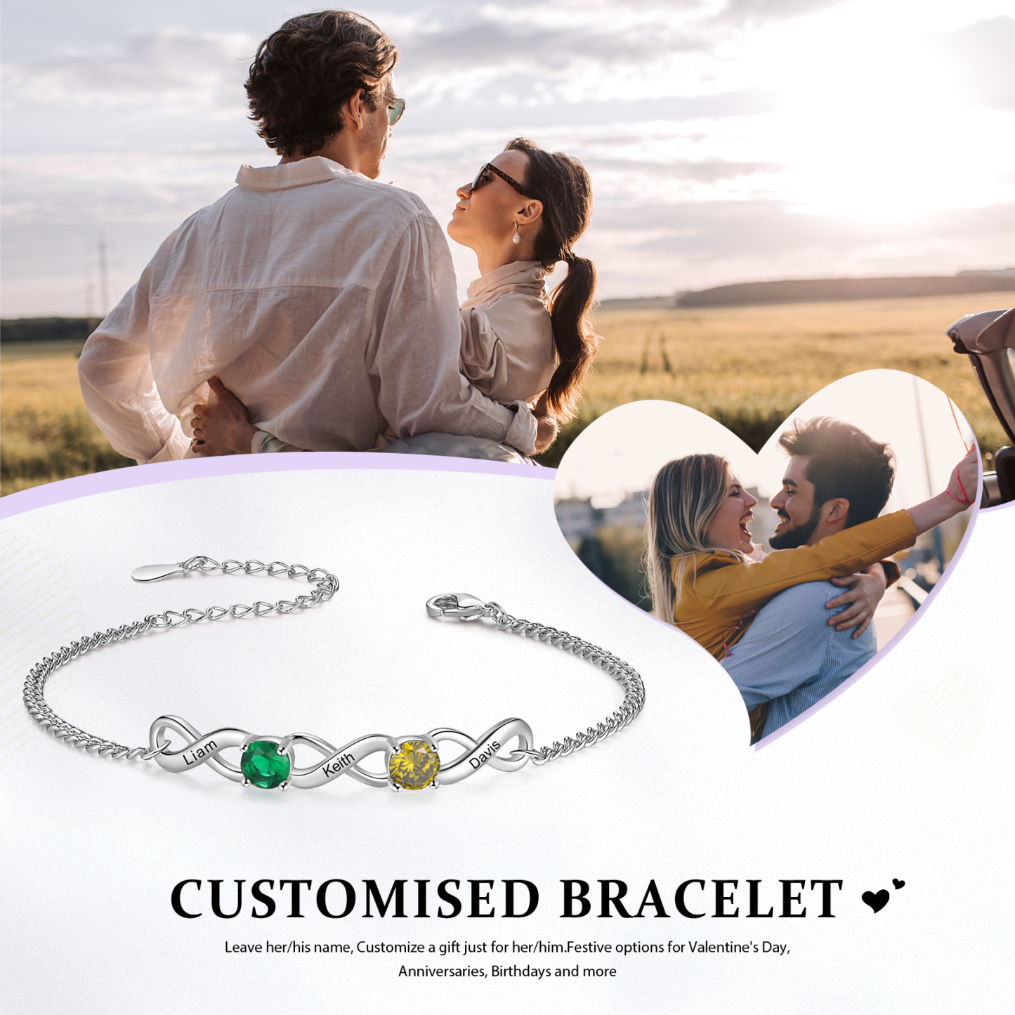 Bracelet Infini 3 Prénoms Personnalisés avec 2 Pierres de Naissance pour Femme