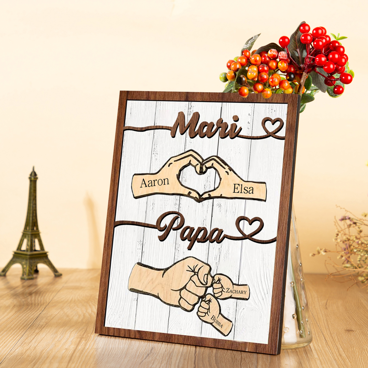 À mon Papa/Mari-Cadre en Bois Mains et Poings 4 Prénoms Personnalisés