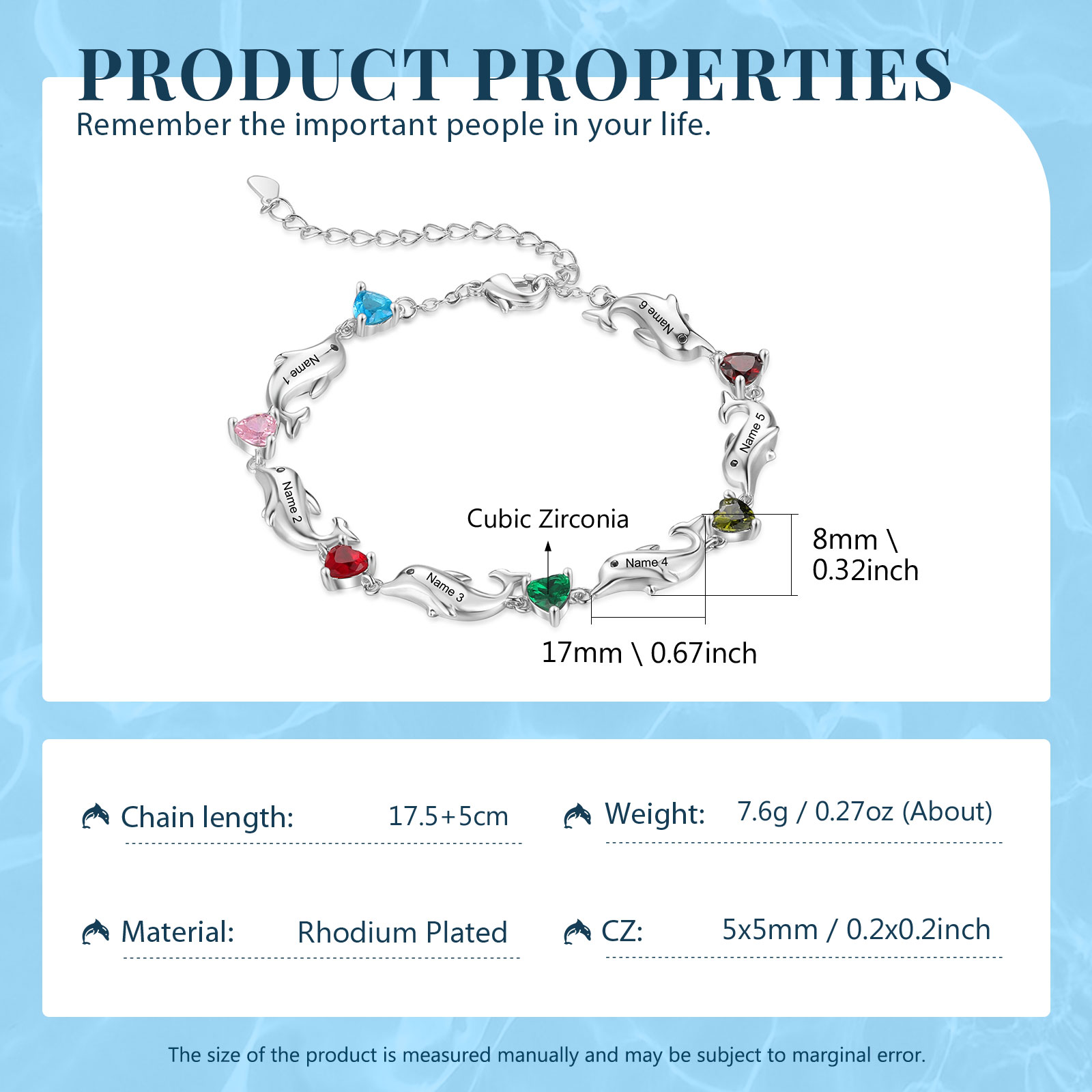 Bracelet dauphin 6 Prénoms Personnalisé avec 6 Pierres de Naissance